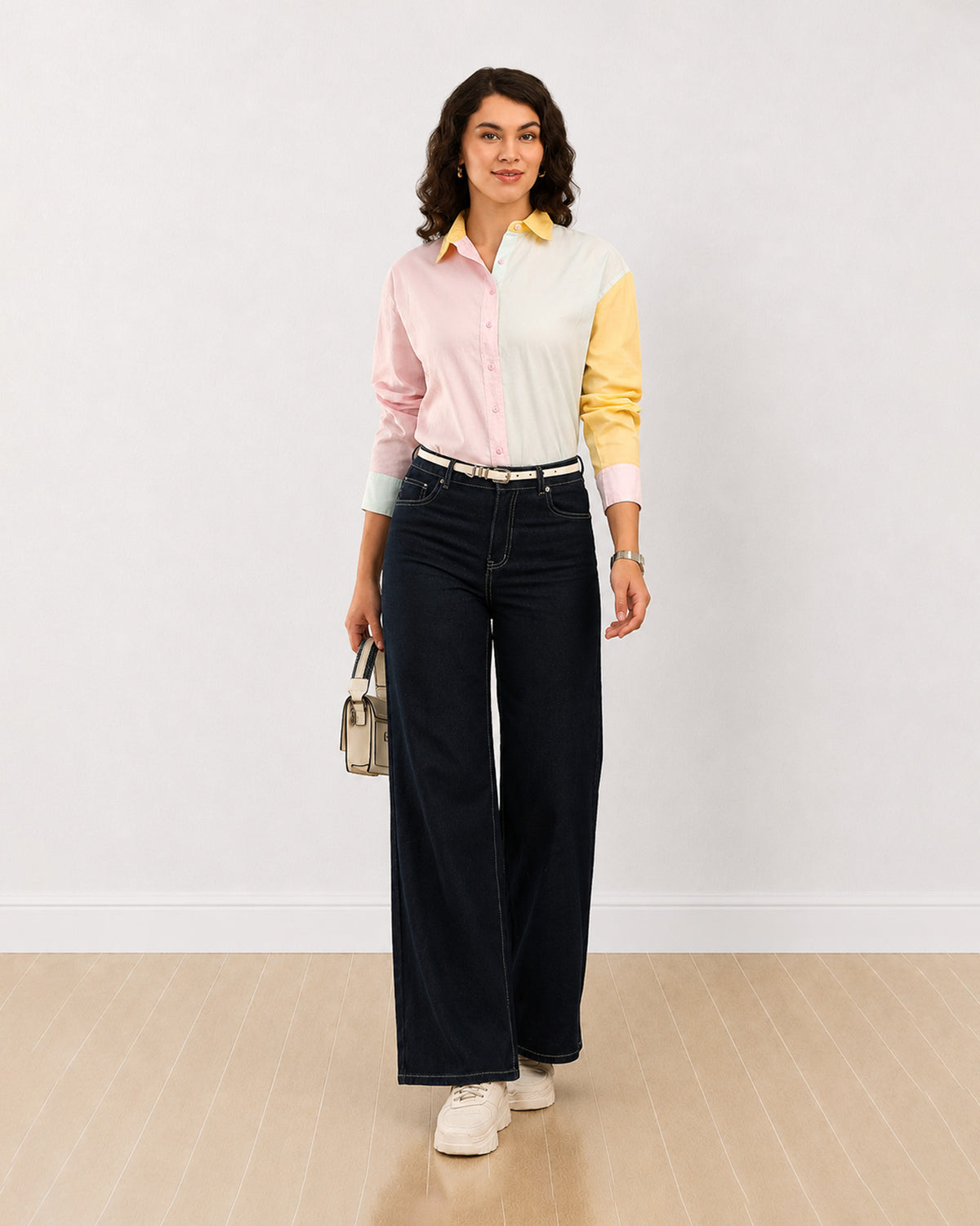 Gazillion Deera pastel colour blocked cotton oversized shirt for women, full-length front view