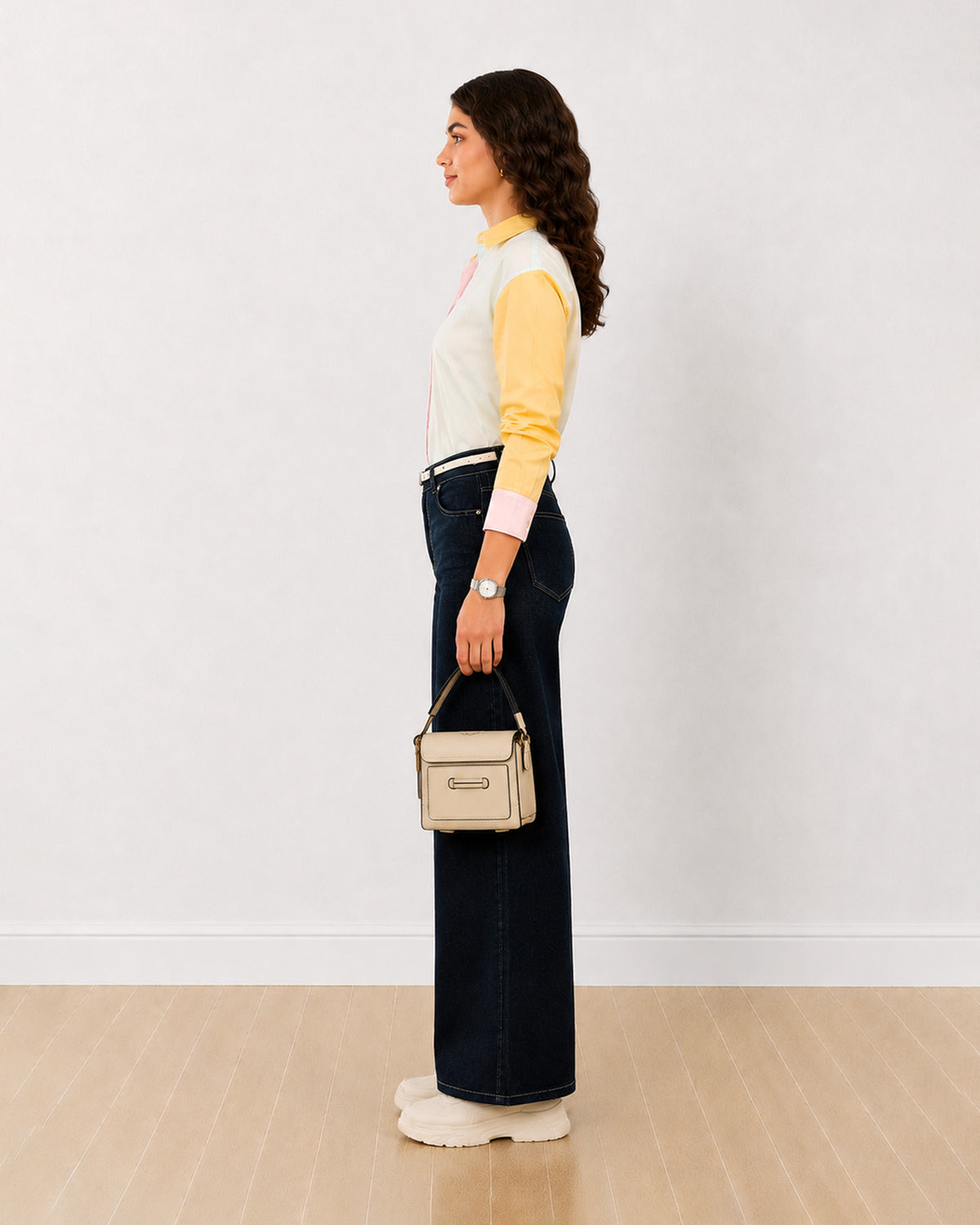 Deera pastel colour blocked cotton shirt with a drop shoulder, side profile view
