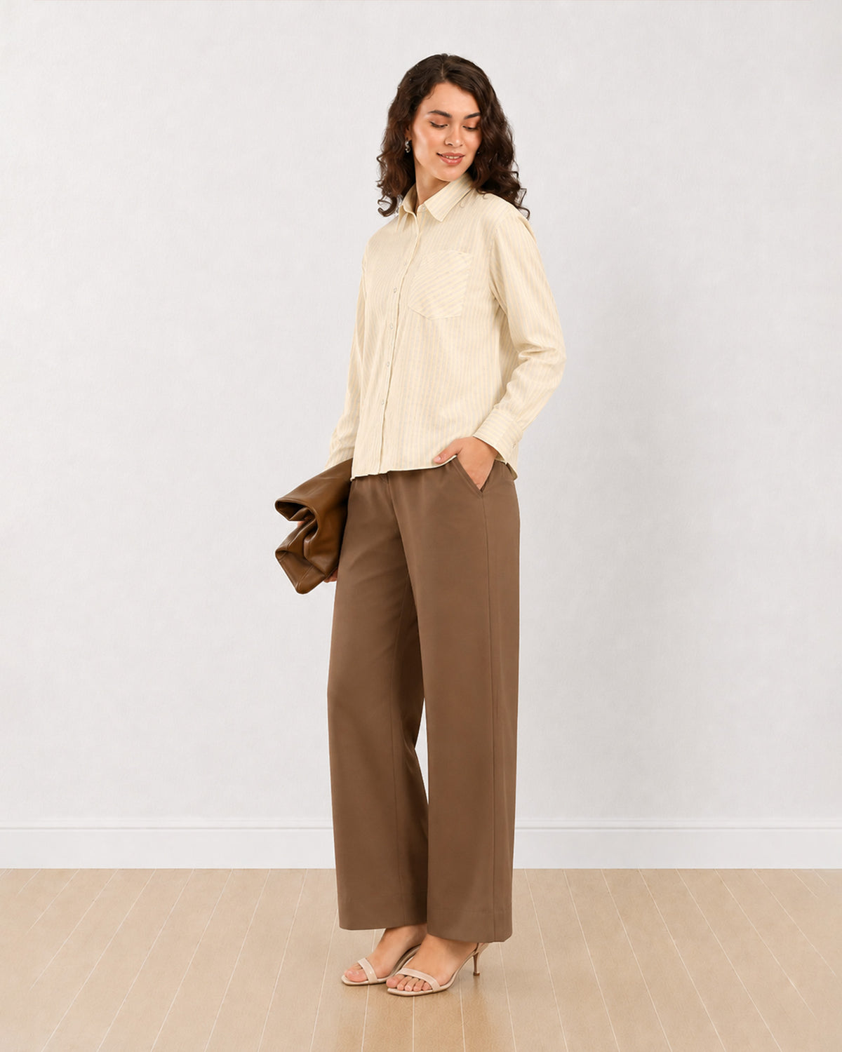 Delisa neon green striped oversized cotton shirt, angled front view of the relaxed fit
