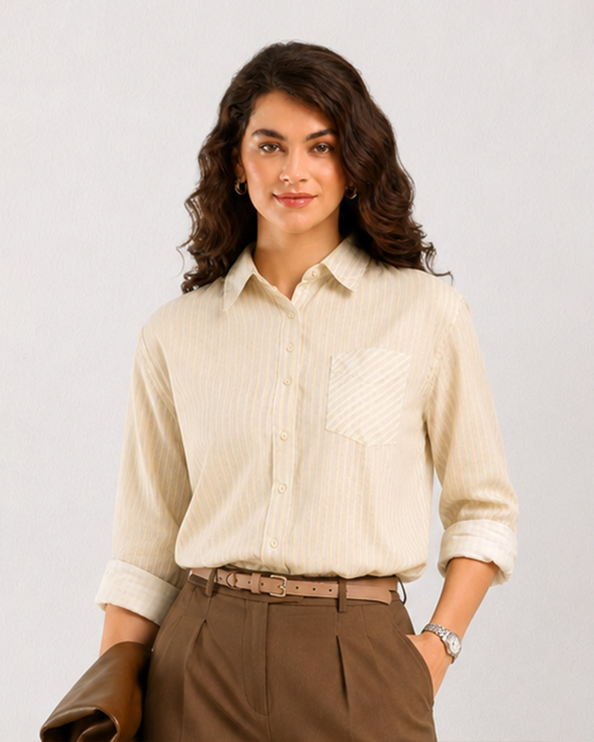 Delisa neon green striped cotton shirt, front view with sleeves rolled to the elbow
