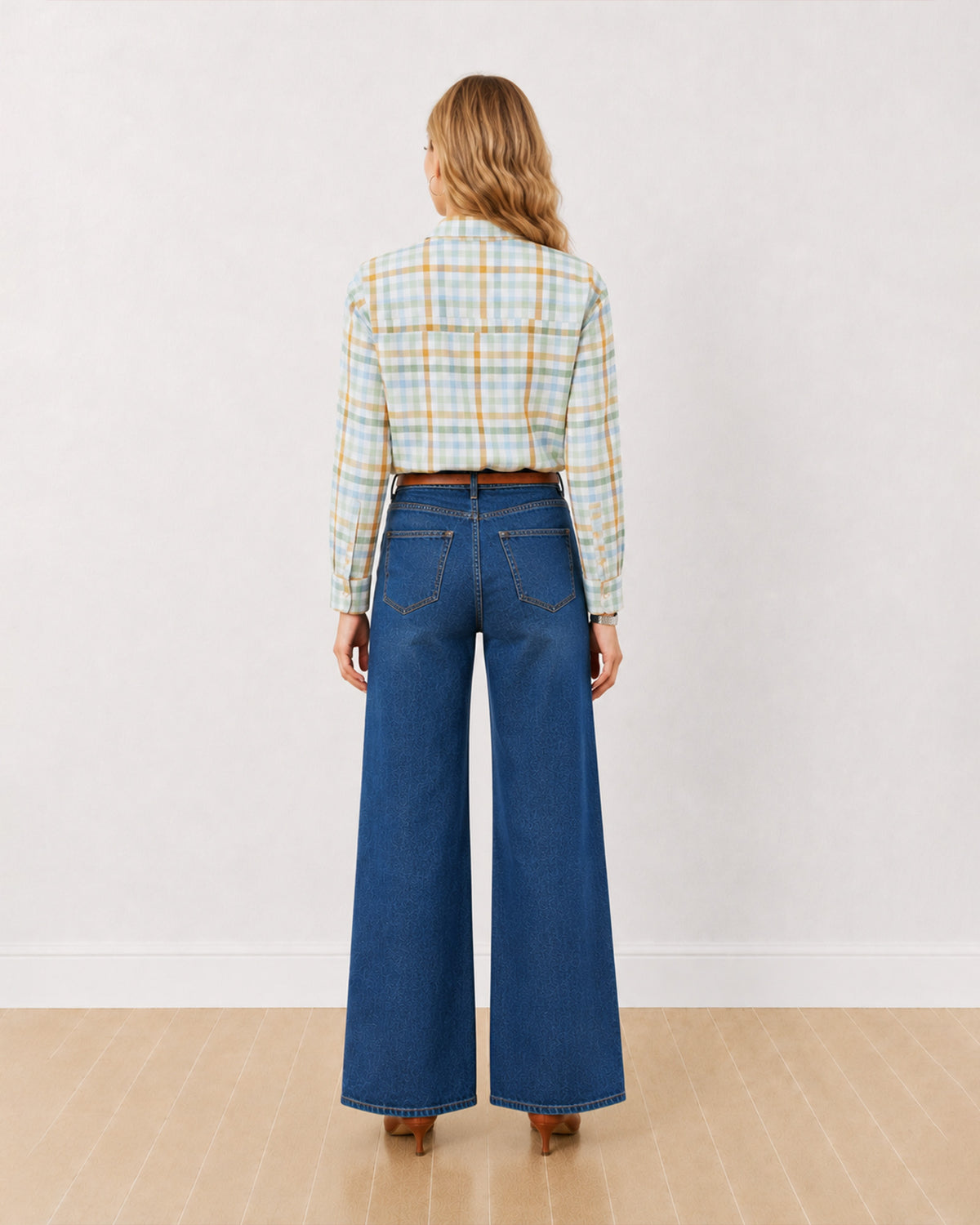 Delnaz multi-colour checked shirt, back view showing the centre back pleat and yoke