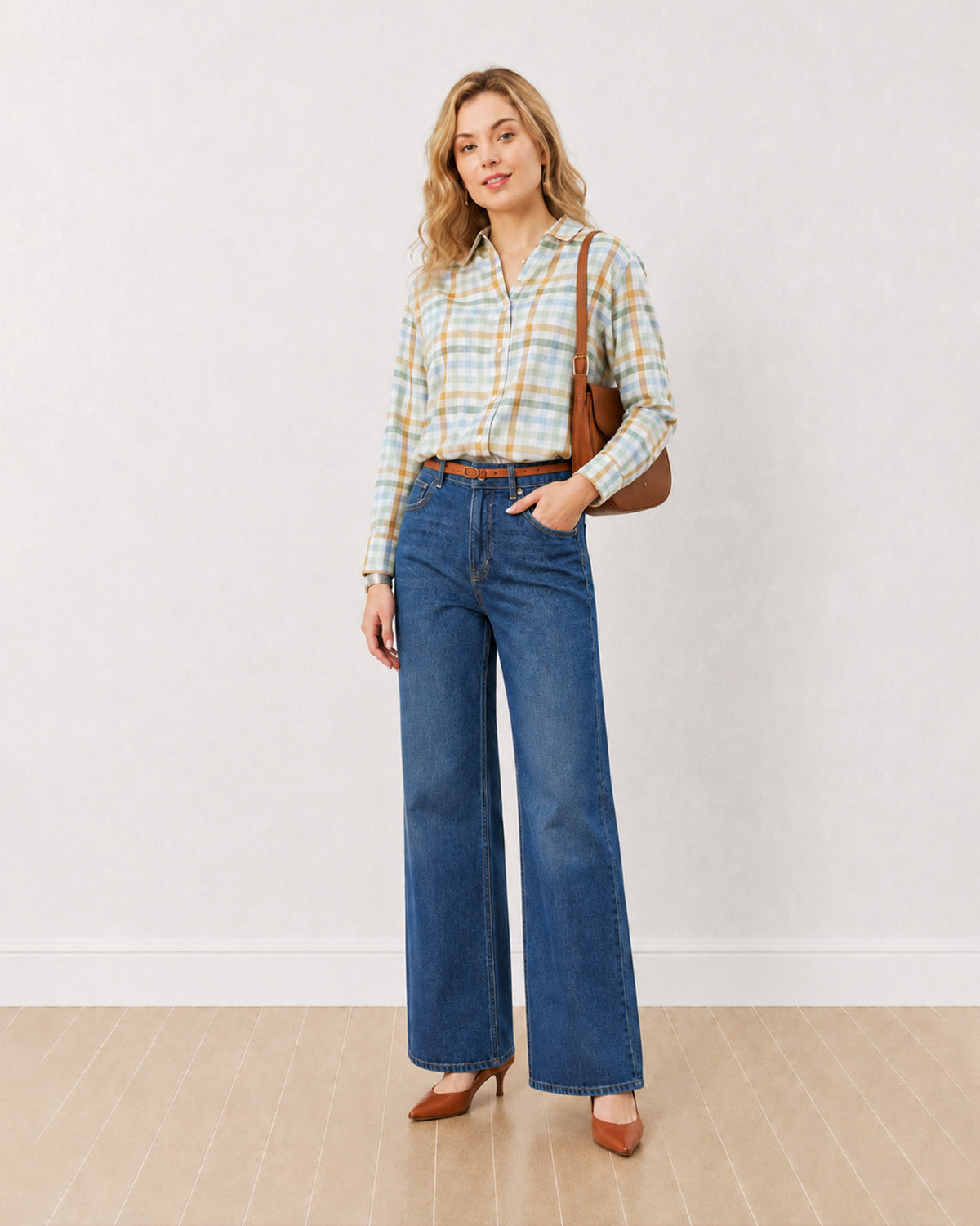 Delnaz multi-colour checked viscose shirt, full length walking front view with full sleeves