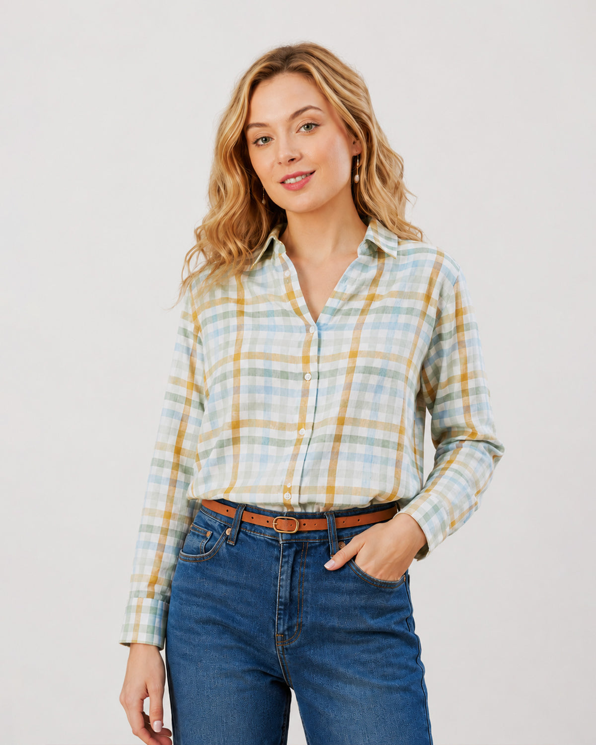 Delnaz multi-colour checked viscose office casual shirt, waist up front view with placket
