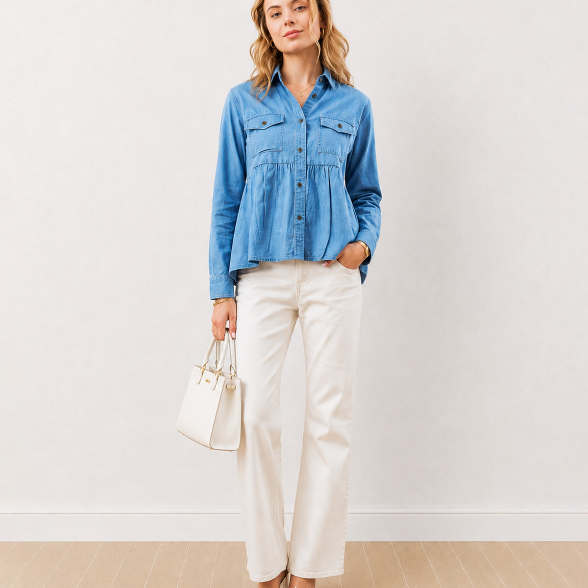 Gazillion Delta light wash indigo blue 100% cotton denim peplum shirt for women, full length front view