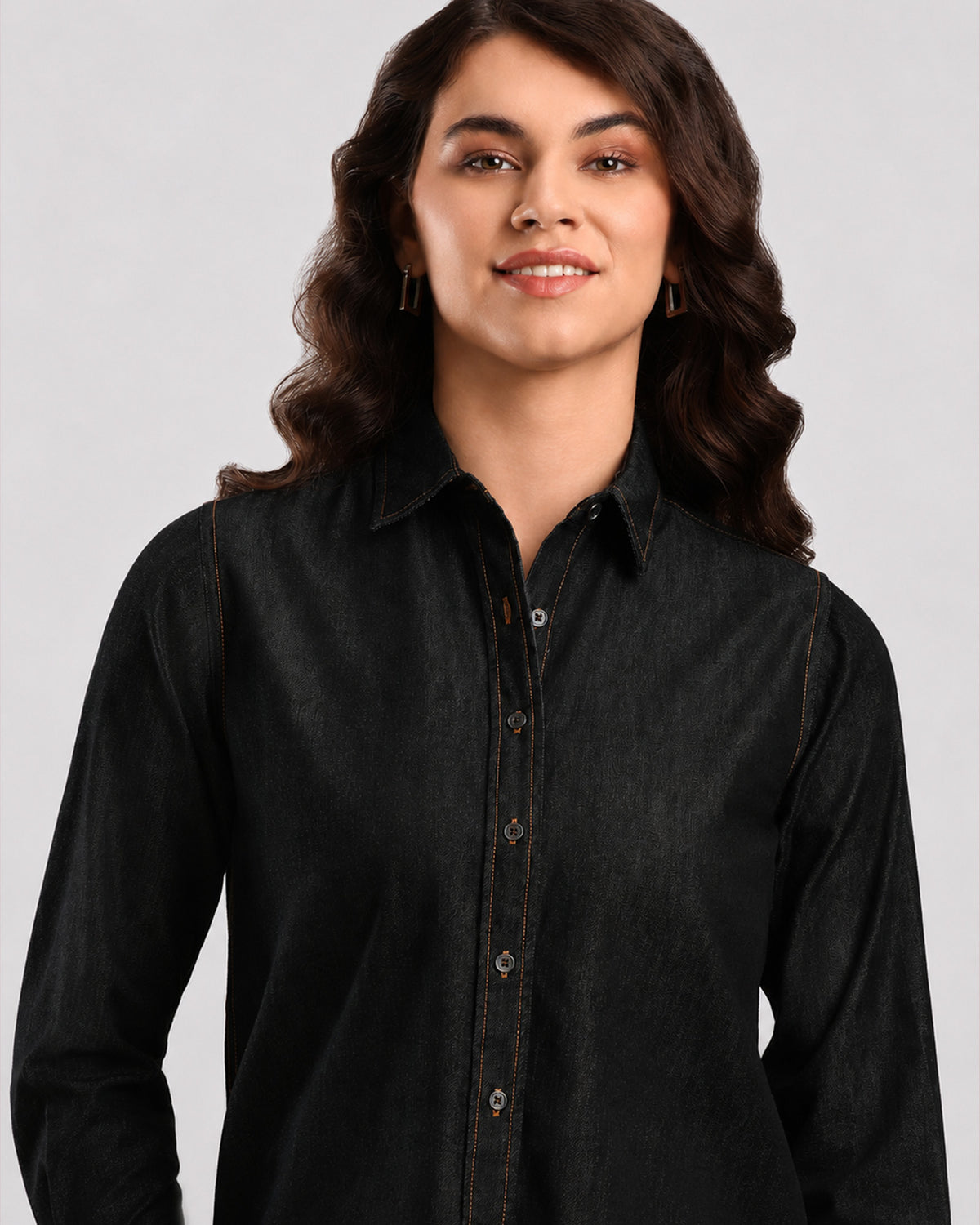 Desire black 100% cotton denim shirt, close up front view with contrast topstitching