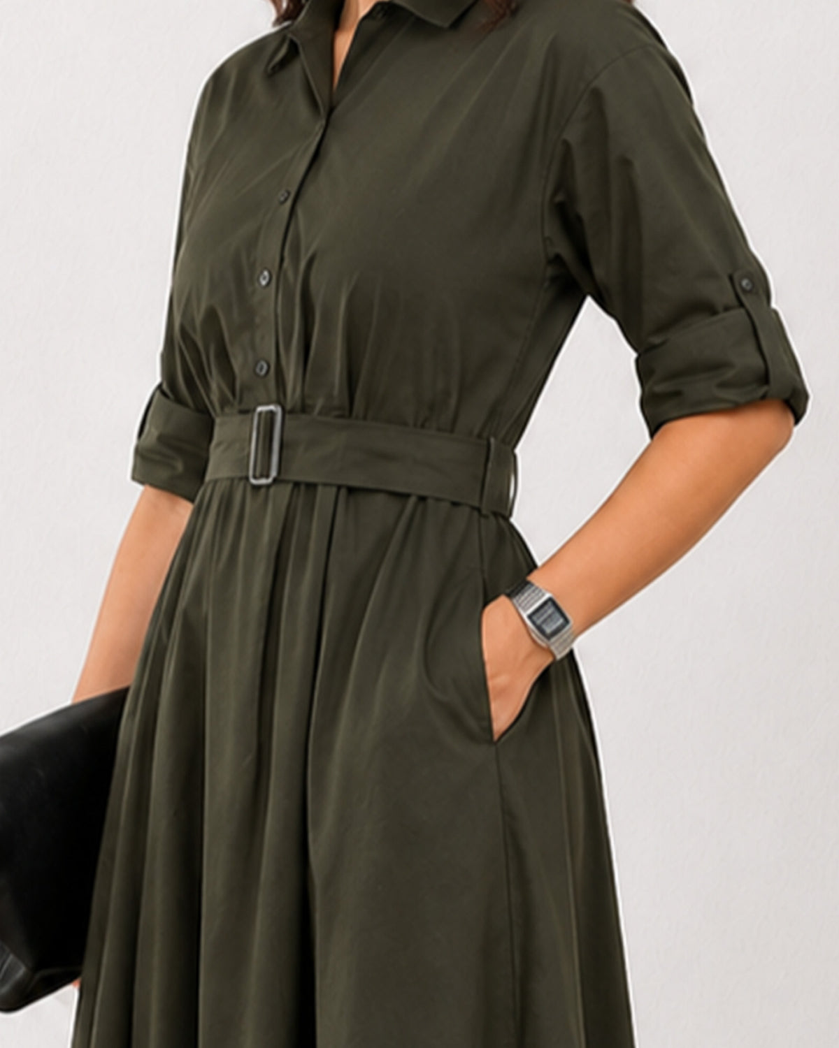 Diana olive green midi shirt dress detail, self belt buckle and side pocket at the waist