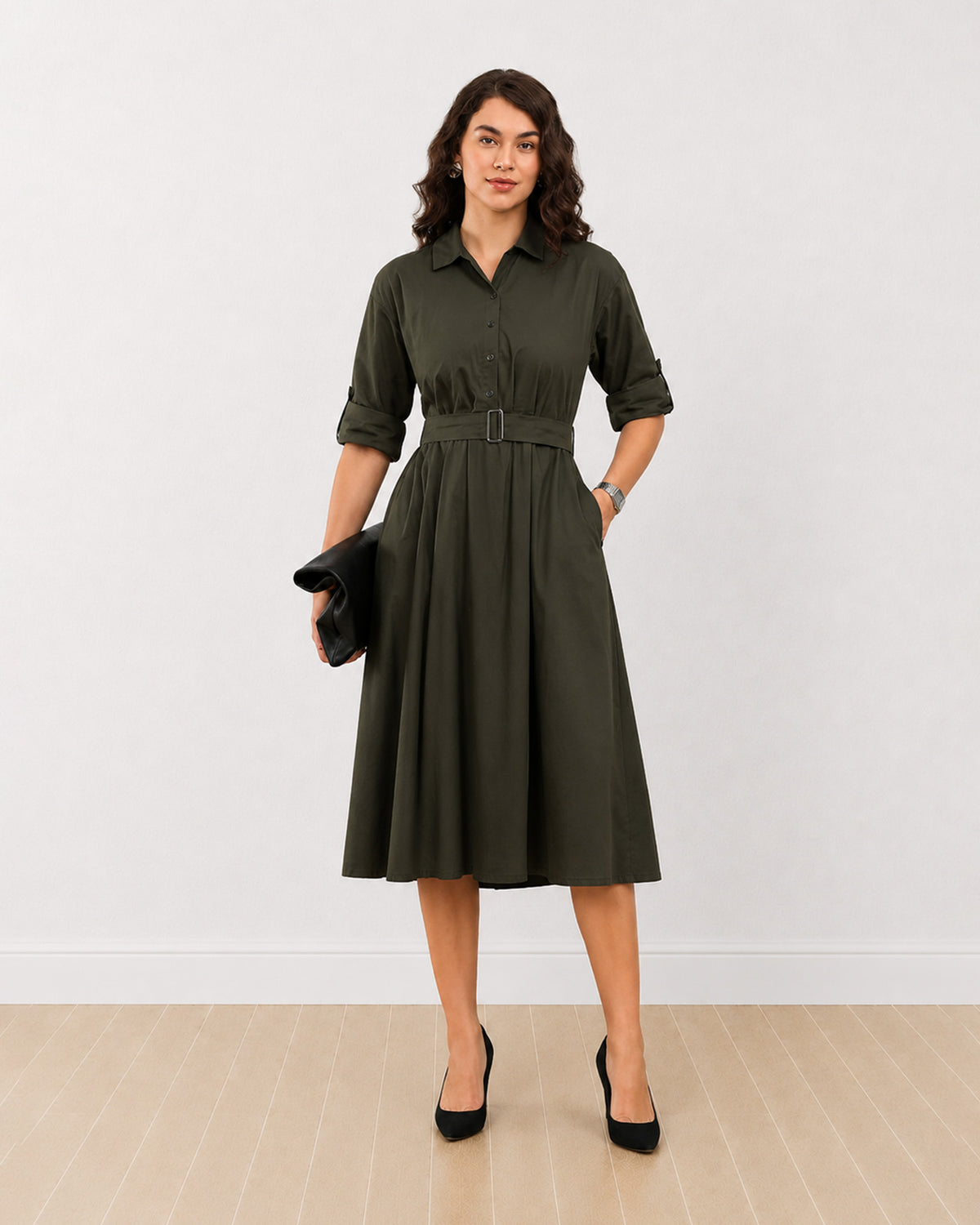 Gazillion Diana olive green 100% cotton midi shirt dress for women, full length front view with self belt