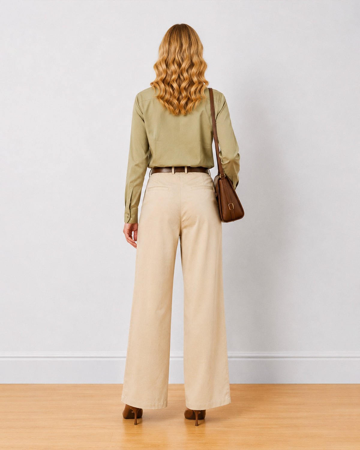 Diane beige mid waist formal trousers, back view of the full length wide leg fit