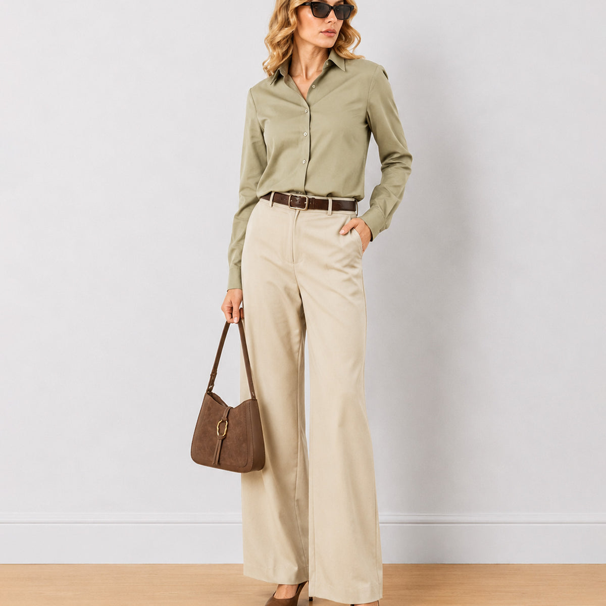 Gazillion Diane beige mid waist formal trousers for women, full length front view of the wide leg fit