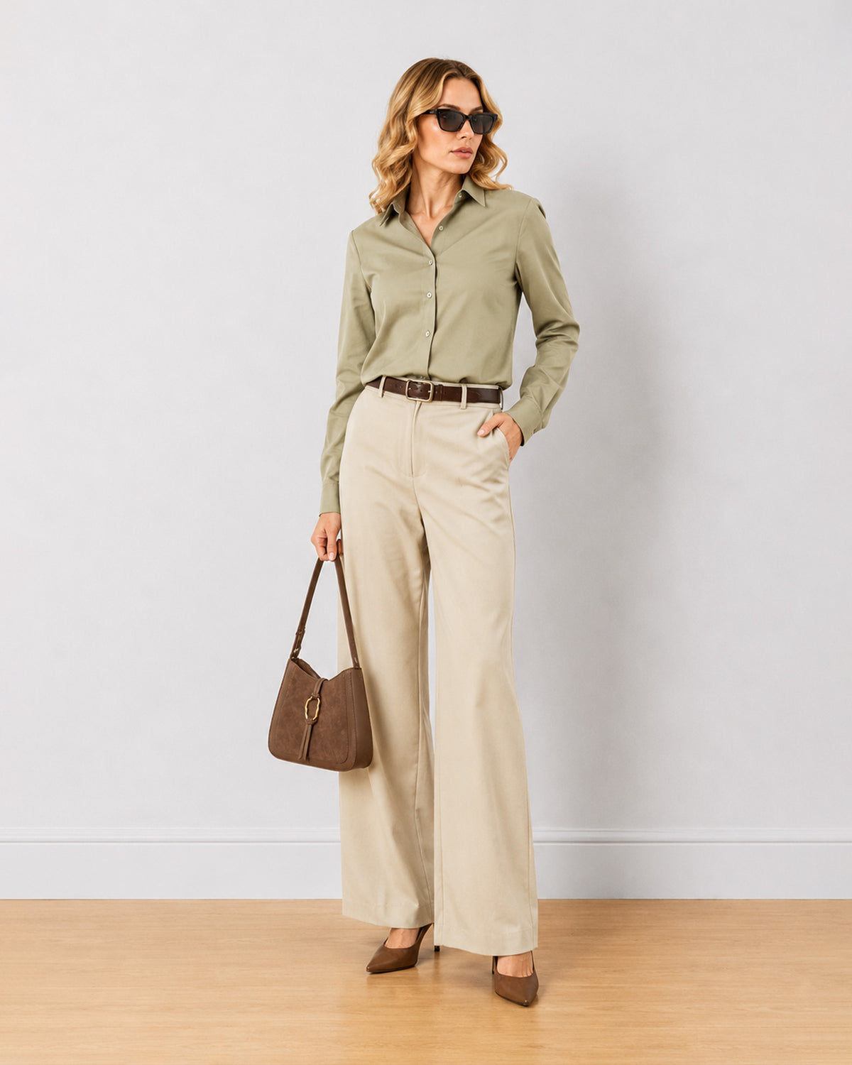 Gazillion Diane beige mid waist formal trousers for women, full length front view of the wide leg fit