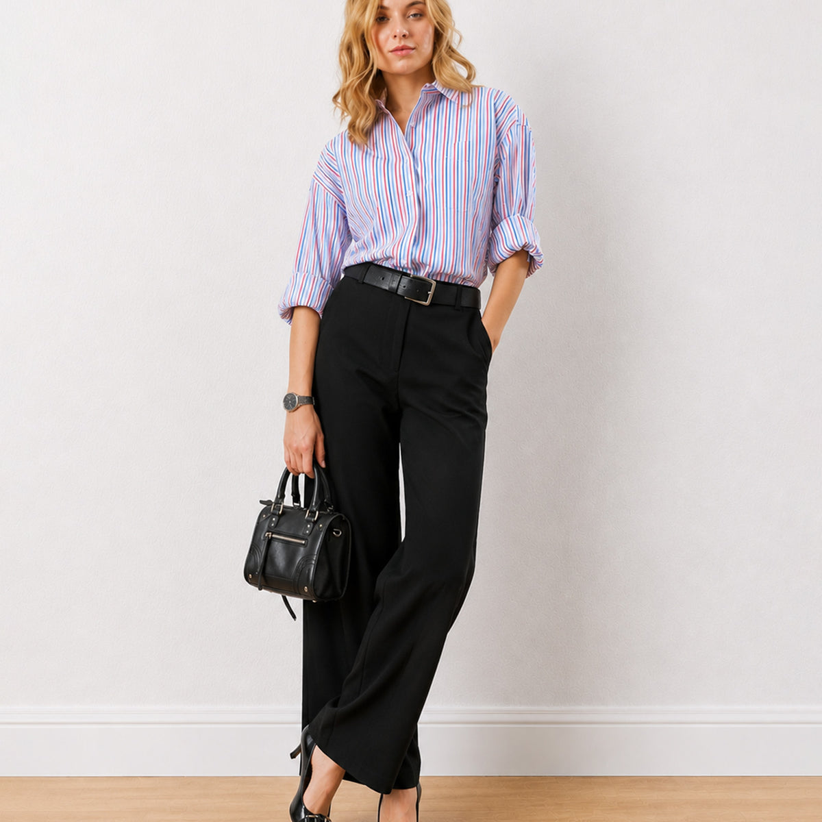 Gazillion Diane black formal trousers for women, full length front view with hand in the side cross pocket