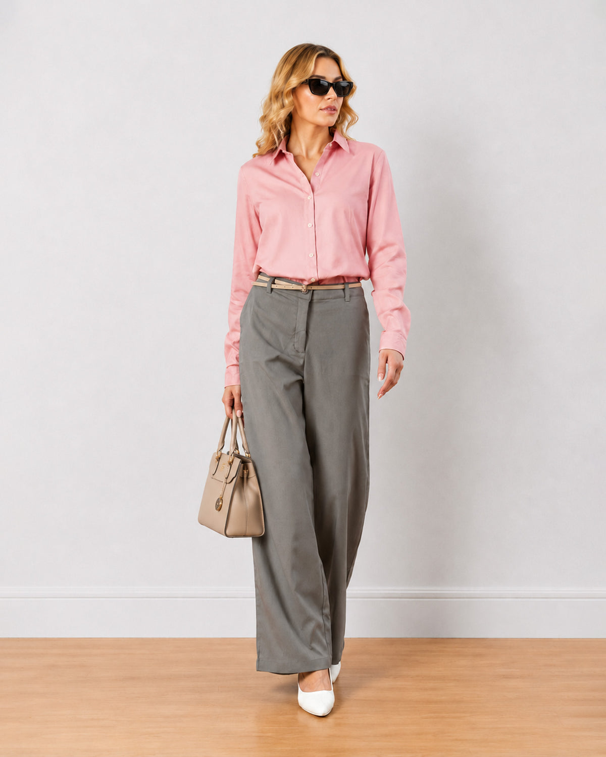 Diane grey formal trousers, angled front view of the wide leg fit full length