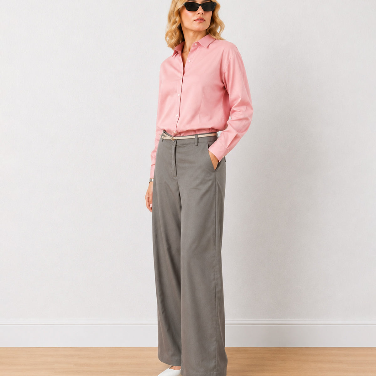 Gazillion Diane grey mid waist formal trousers for women, full length front view of the wide leg fit