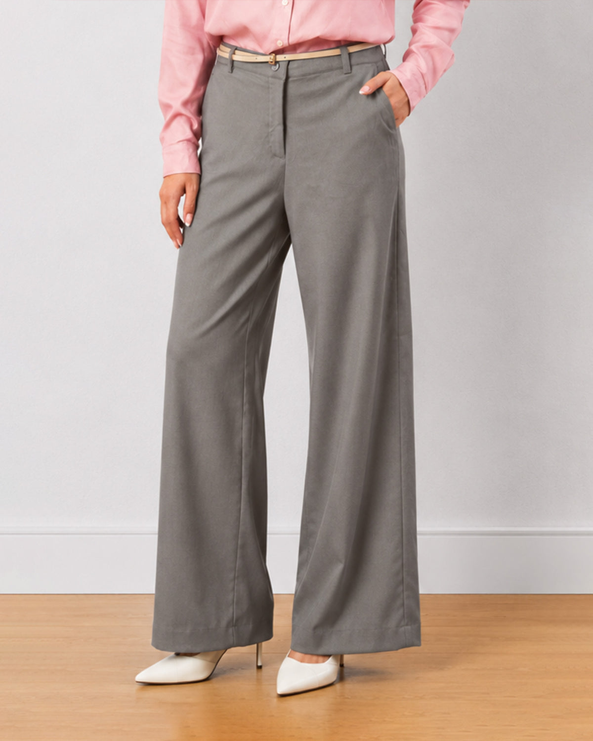 Diane grey formal trousers, close up waist down view of the mid waist
