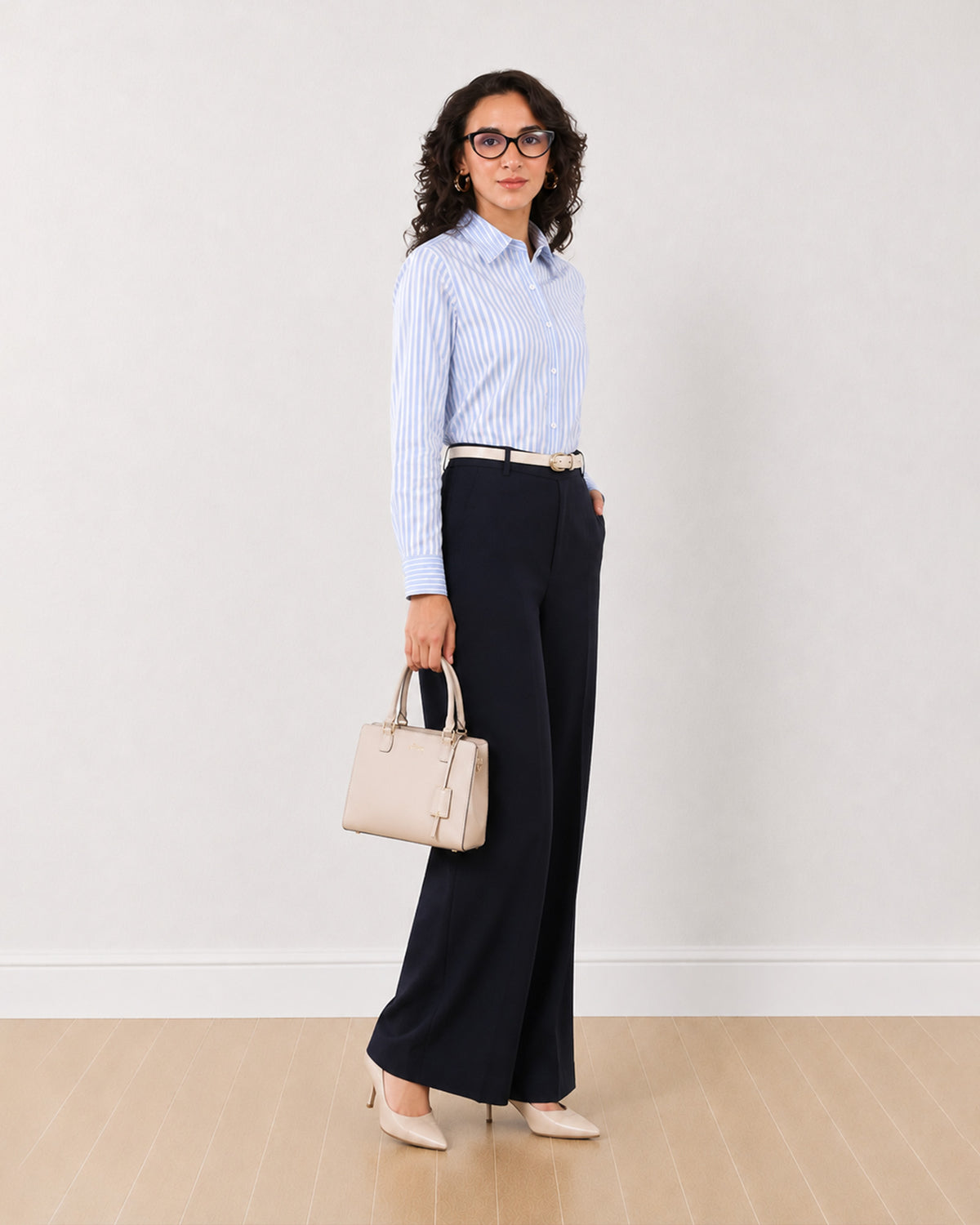 Diane navy blue formal trousers, angled front view of the full length