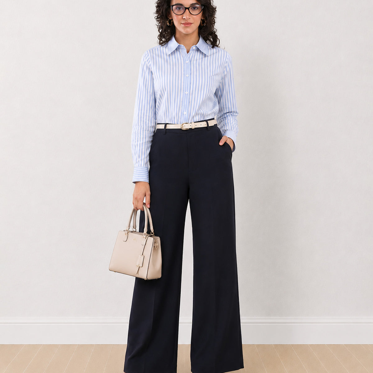 Gazillion Diane navy blue mid waist formal trousers for women, full length front view of the wide leg fit