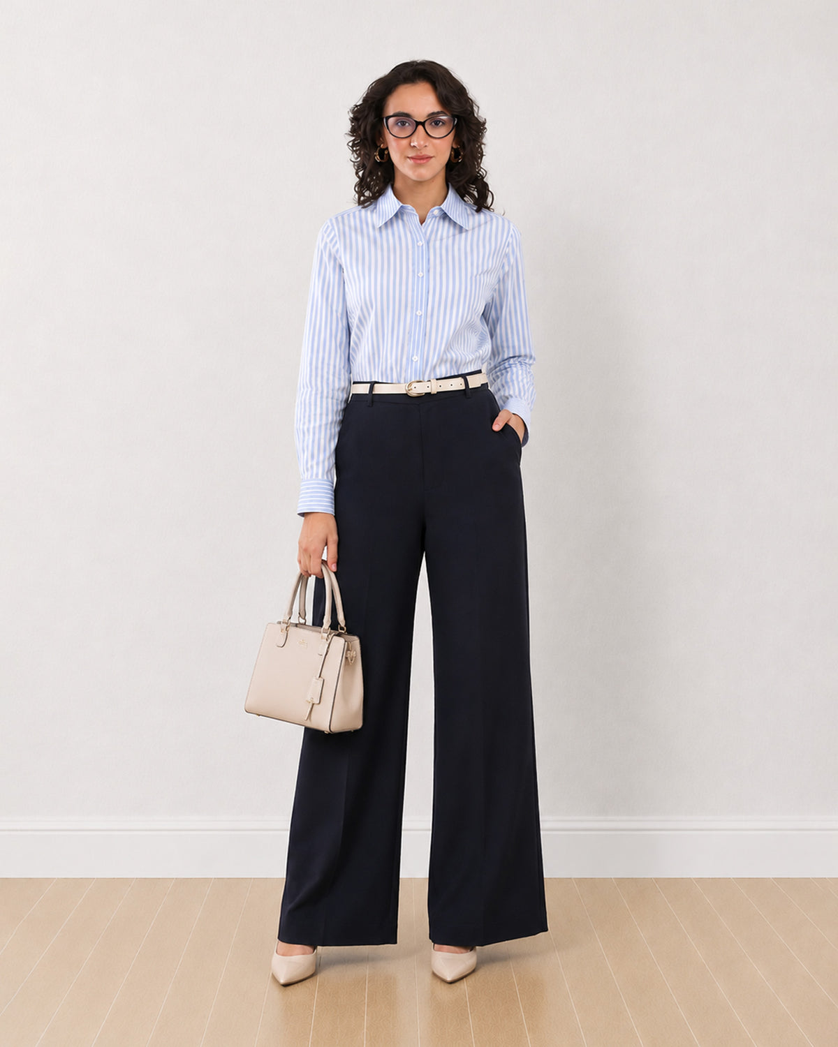Gazillion Diane navy blue mid waist formal trousers for women, full length front view of the wide leg fit