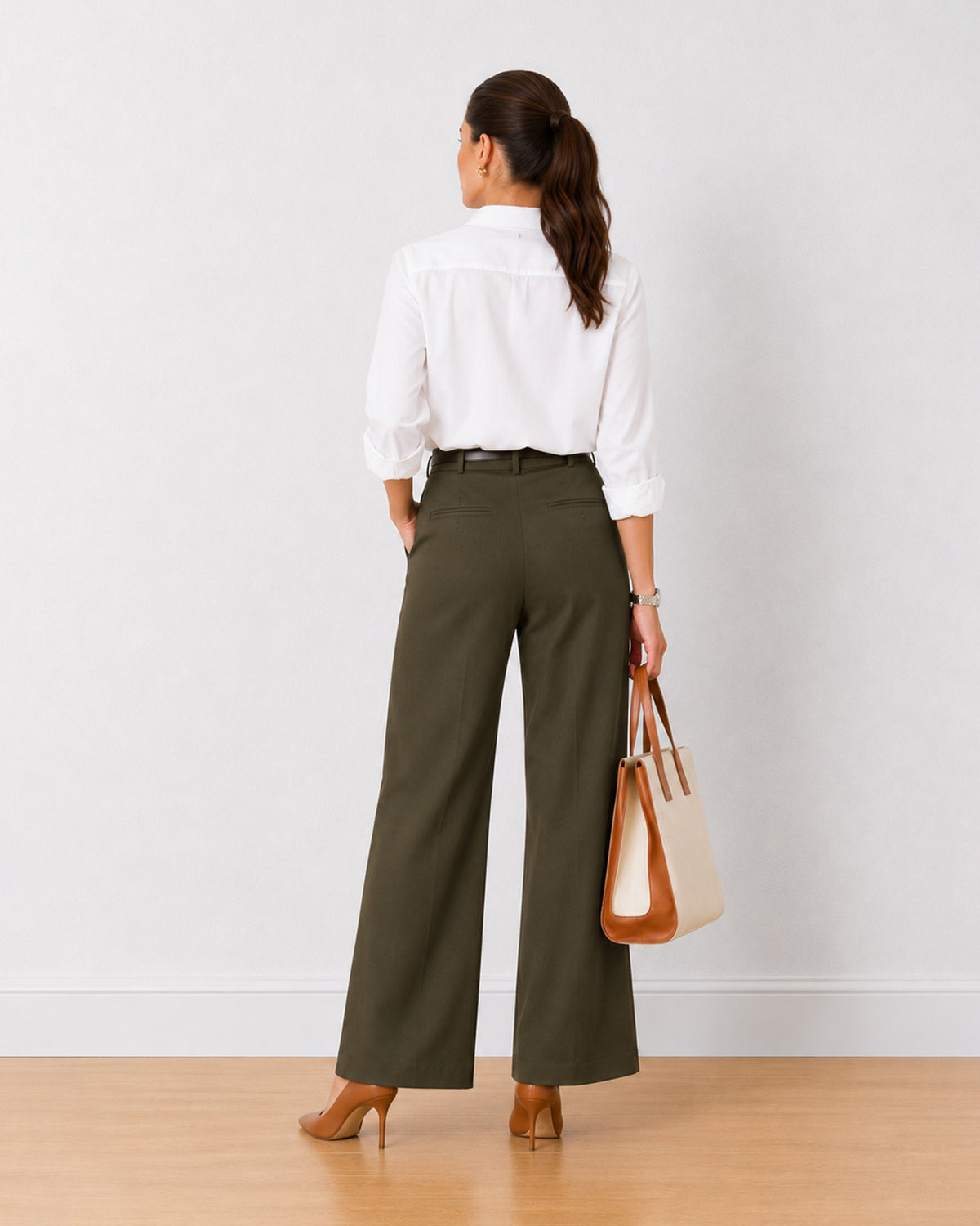 Diane olive green mid waist wide leg formal trousers, back view of the full length