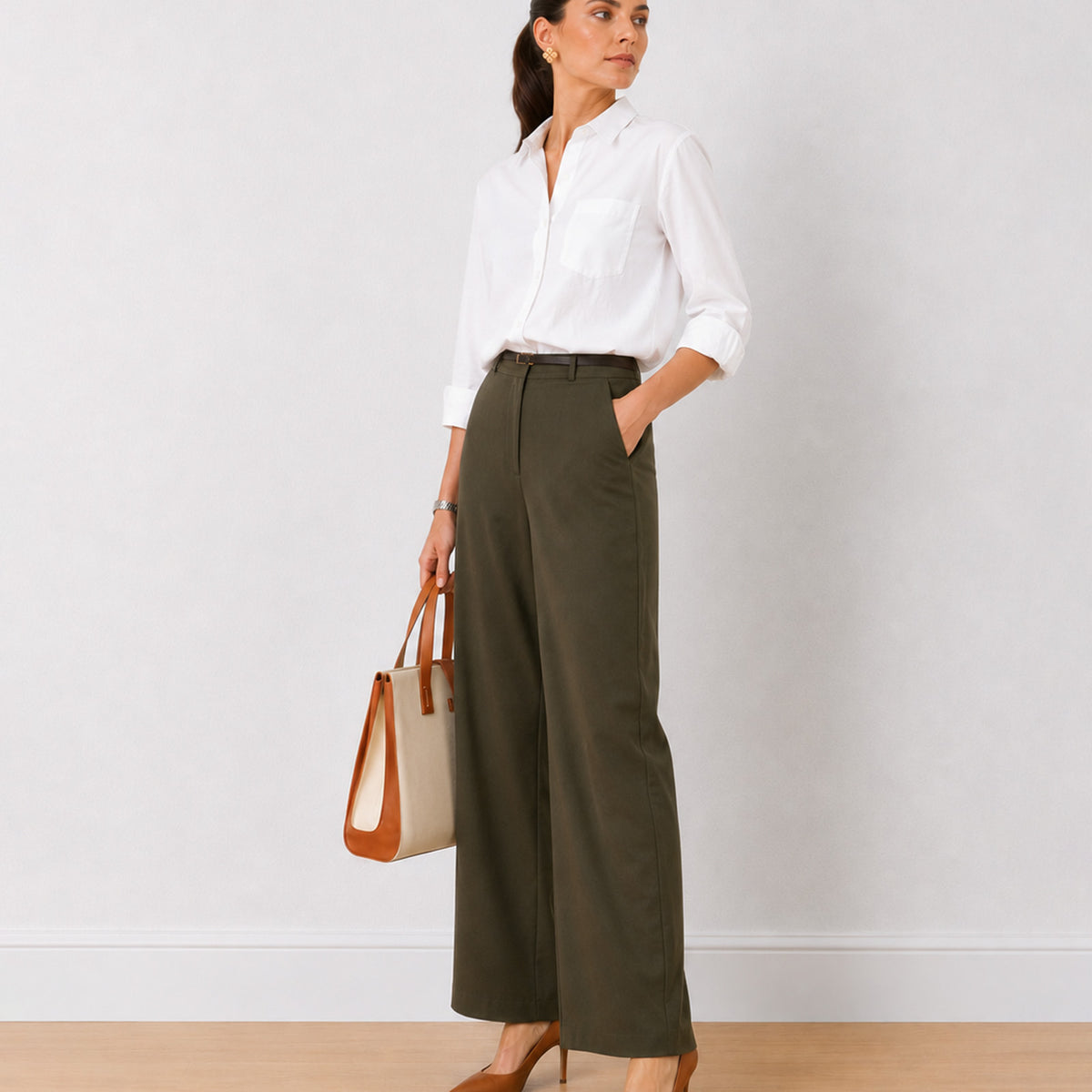 Gazillion Diane olive green mid waist formal trousers for women, full length front view of the wide leg fit