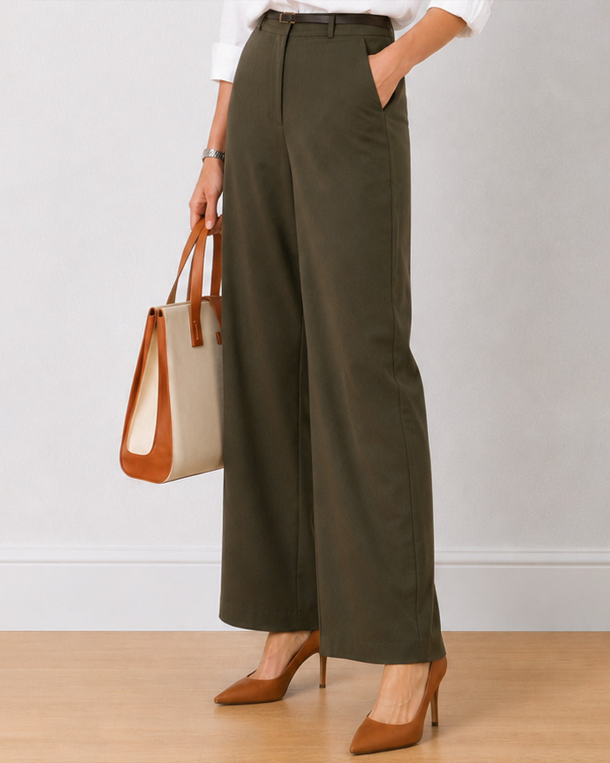 Diane olive green formal trousers, waist down angled view of the mid waist