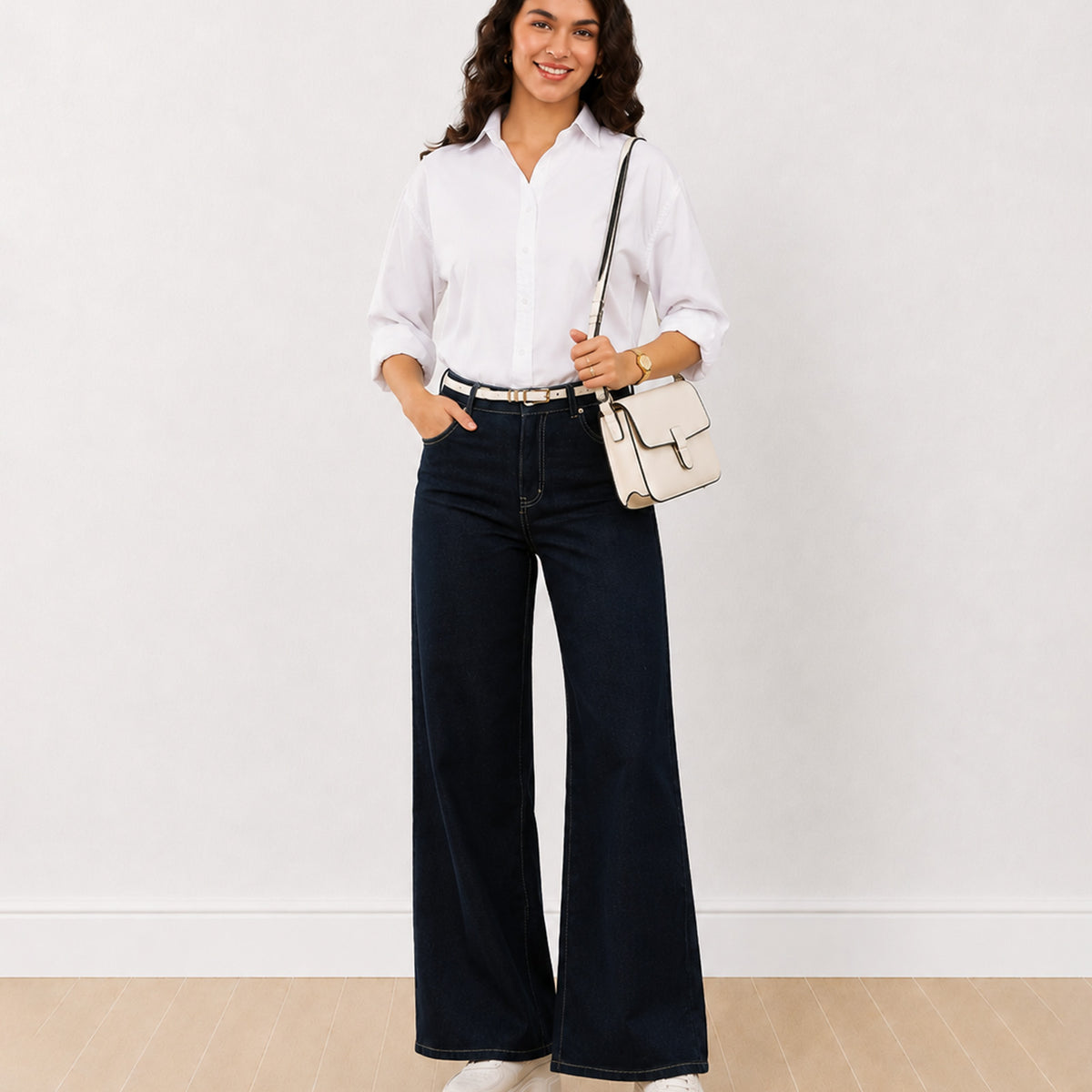 Gazillion Dill white 100% cotton self striped oversized formal shirt for women, full length front view