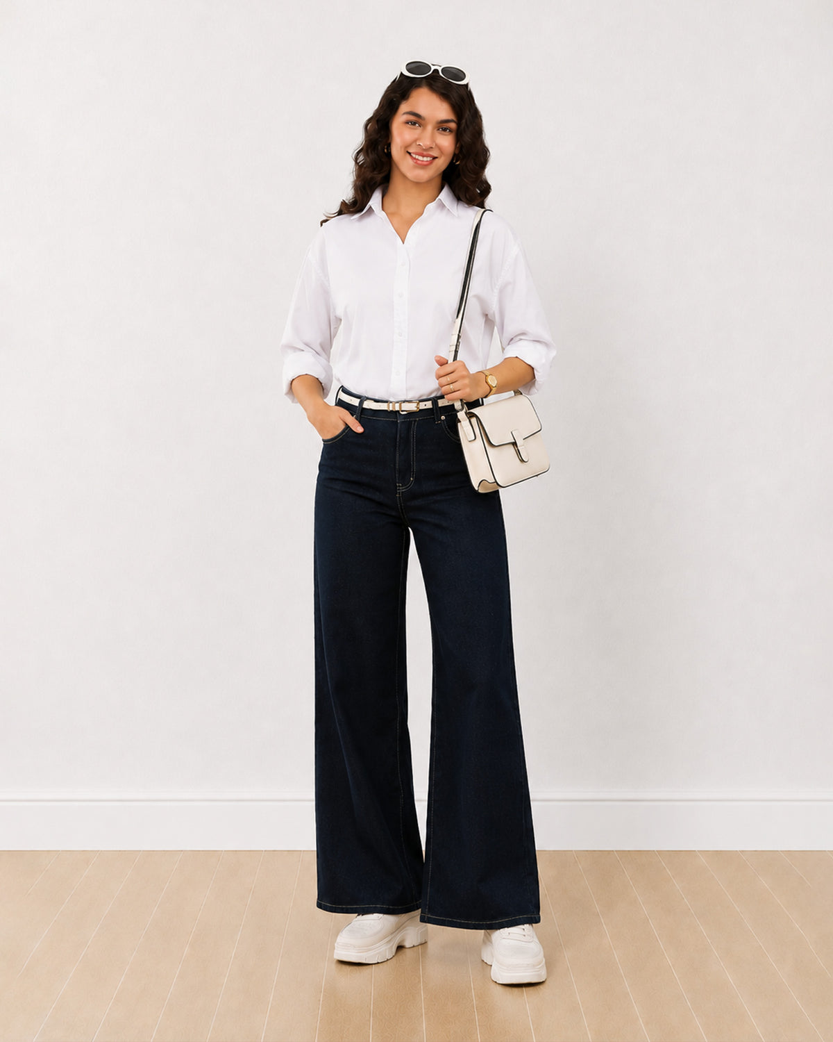 Gazillion Dill white 100% cotton self striped oversized formal shirt for women, full length front view