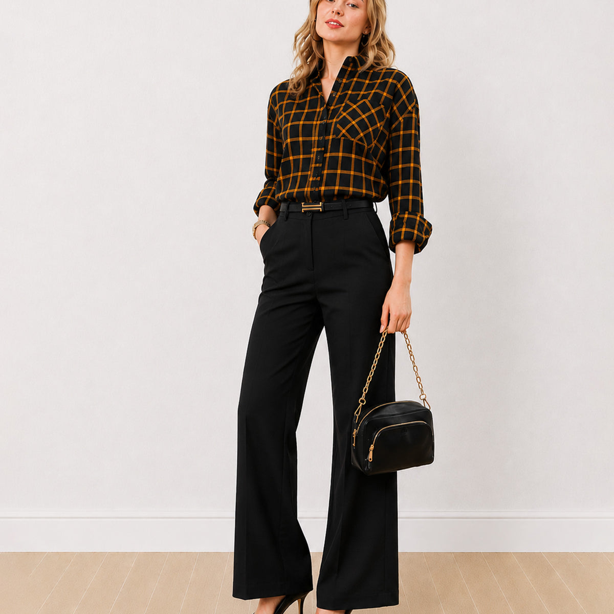 Gazillion Dimona black checked 100% cotton oversized shirt for women, full length front view worn tucked in