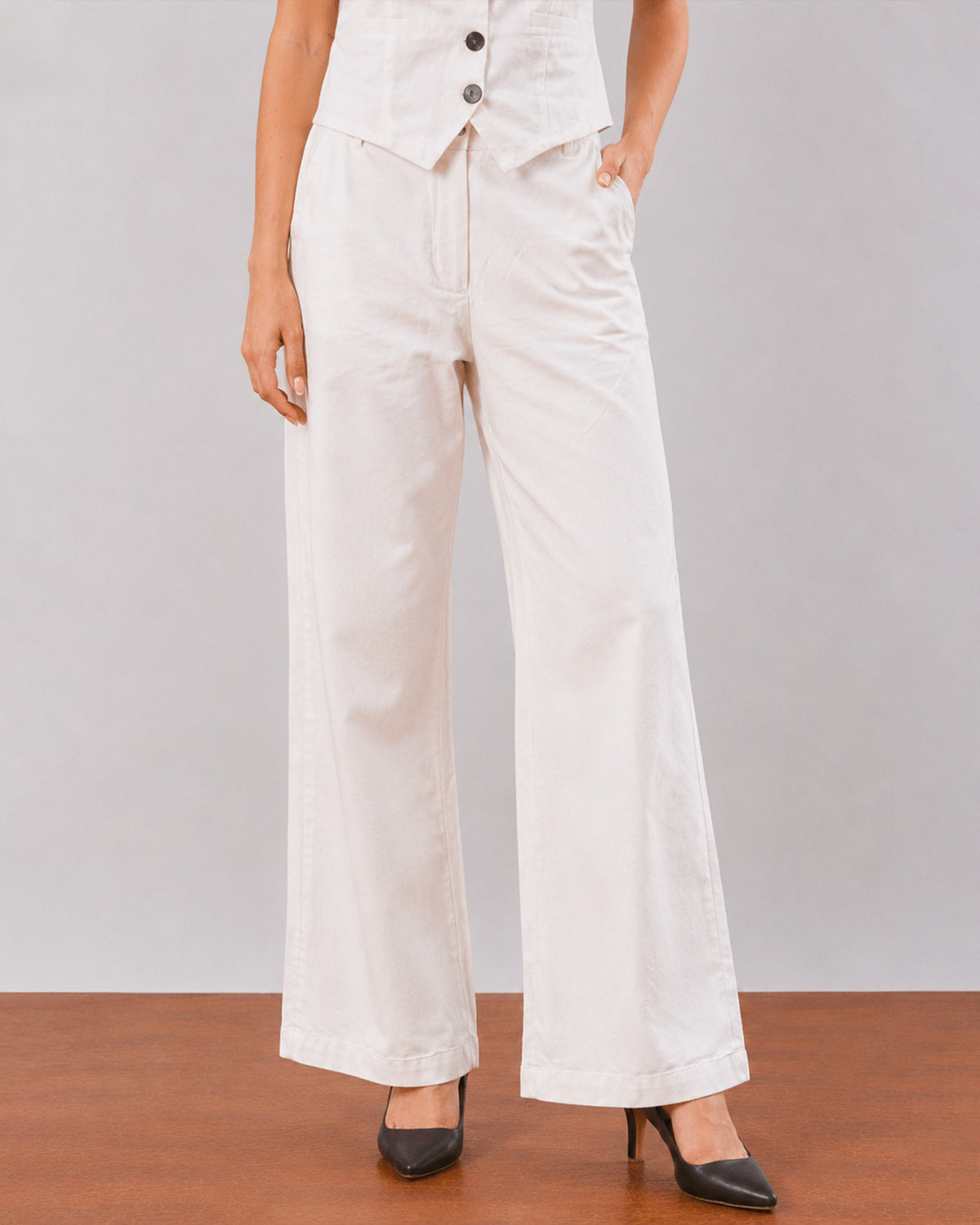Dina white co-ord set detail, straight fit trousers with side pocket and voile lining