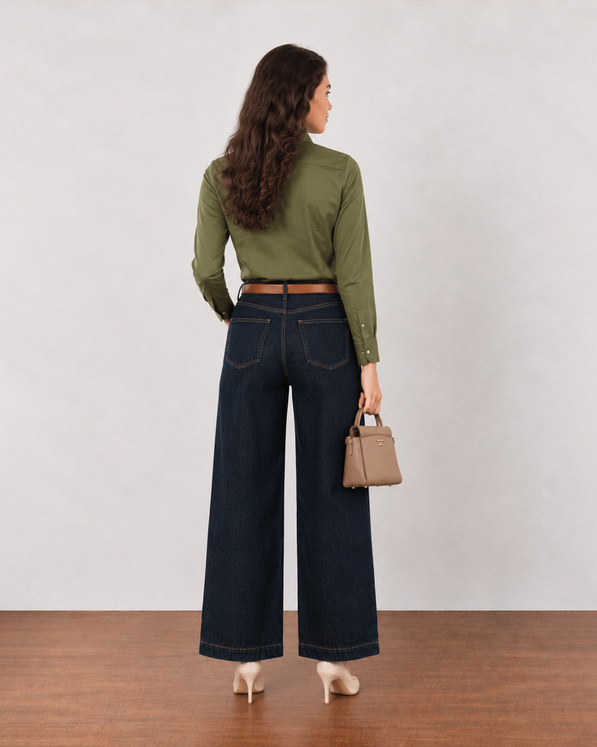 Dora olive green cotton linen shirt, back view showing the centre back pleat