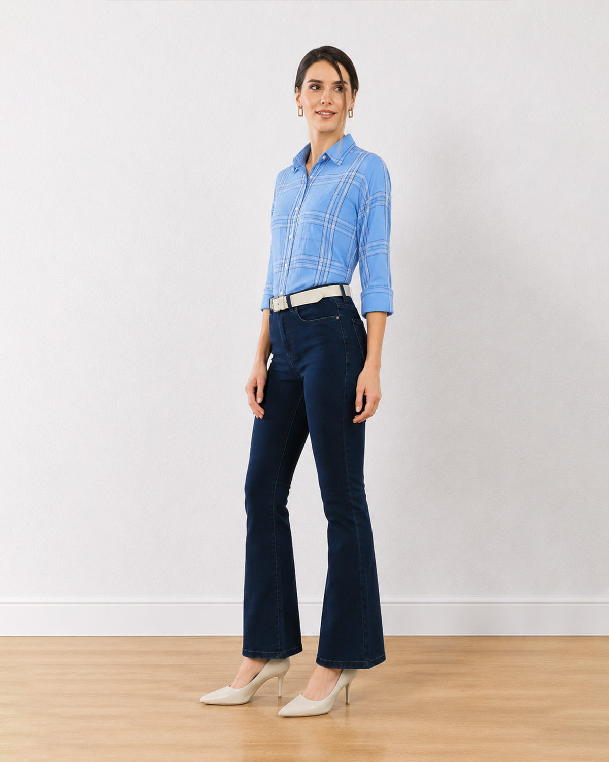 Earnia blue checks cotton shirt with 3/4 rolled sleeves, angled front view