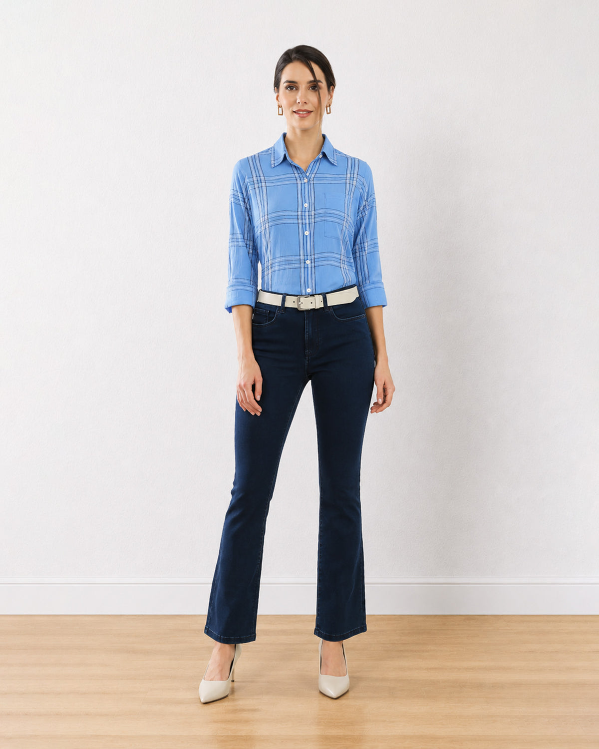 Gazillion Earnia blue checks cotton office shirt for women, full-length front view