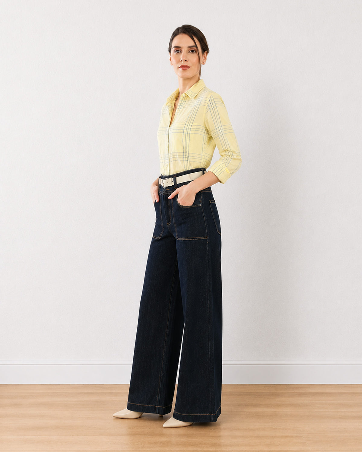 Earnia yellow checks cotton office shirt with 3/4 rolled sleeves, angled front view