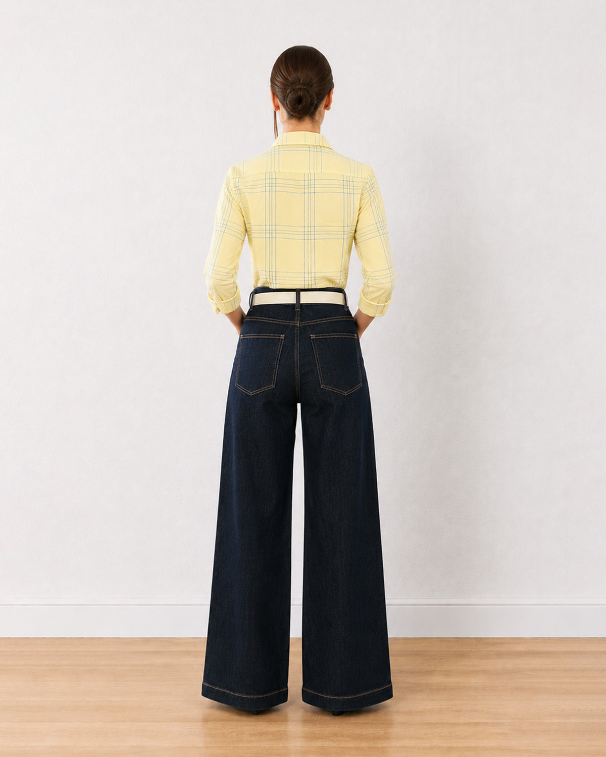 Earnia yellow checks cotton office shirt, back view showing the centre back pleat