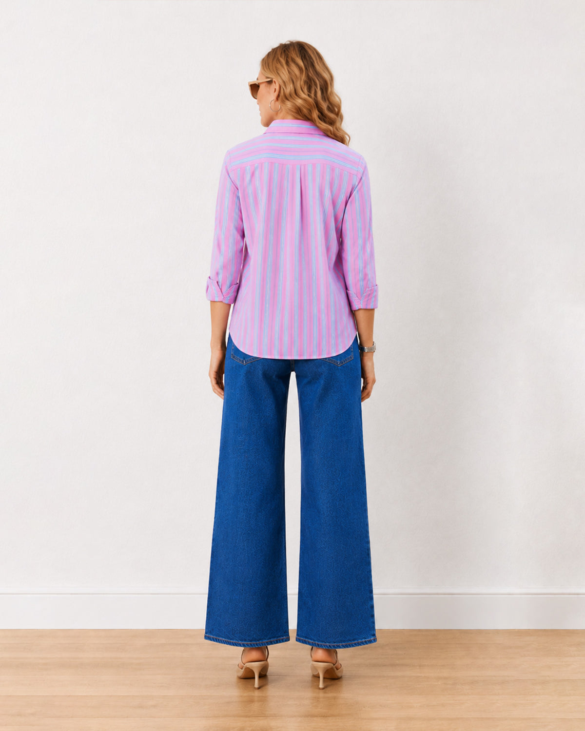 Elisha pink stripes cotton shirt, back view showing the centre back pleat