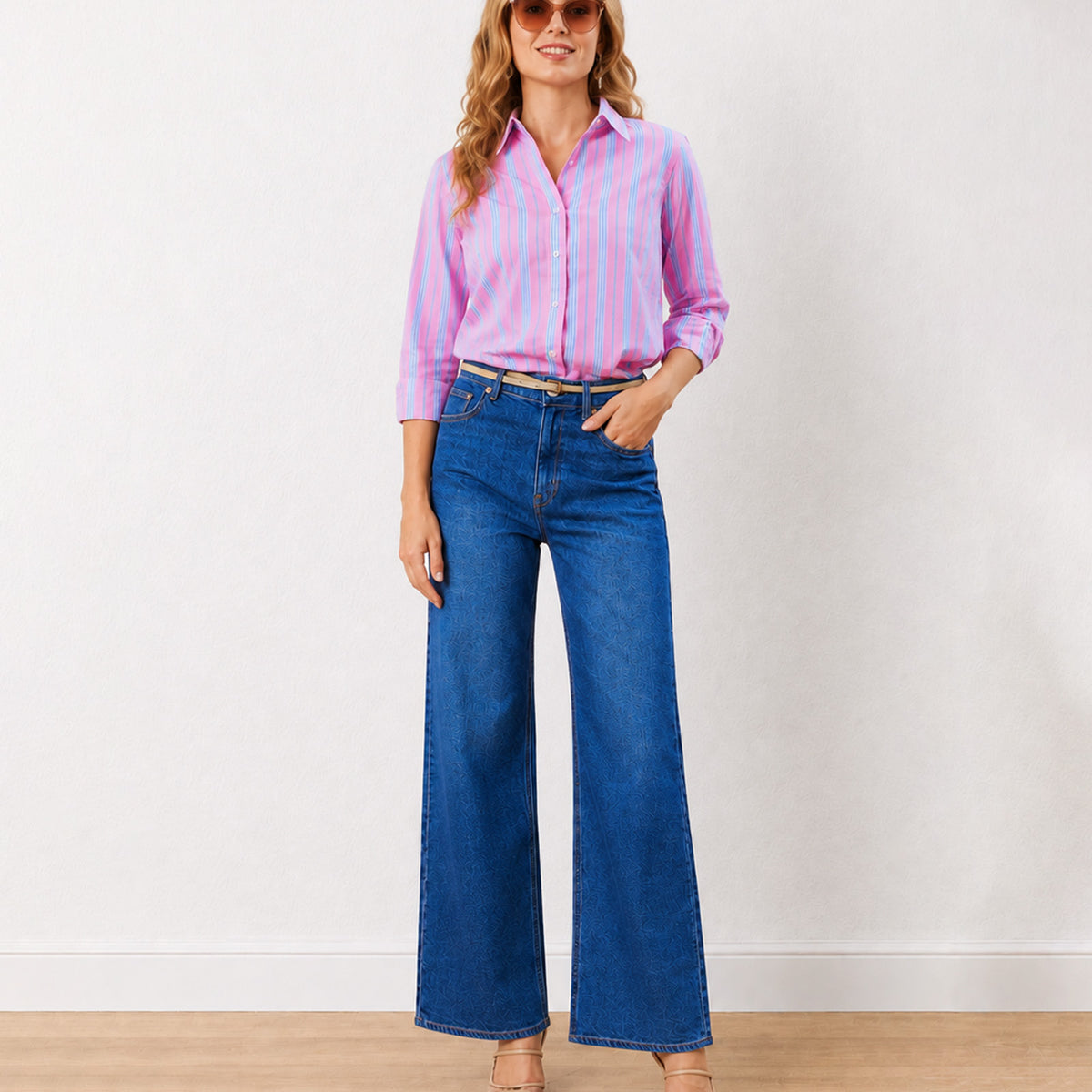 Gazillion Elisha pink stripes cotton formal shirt for women, full-length front view