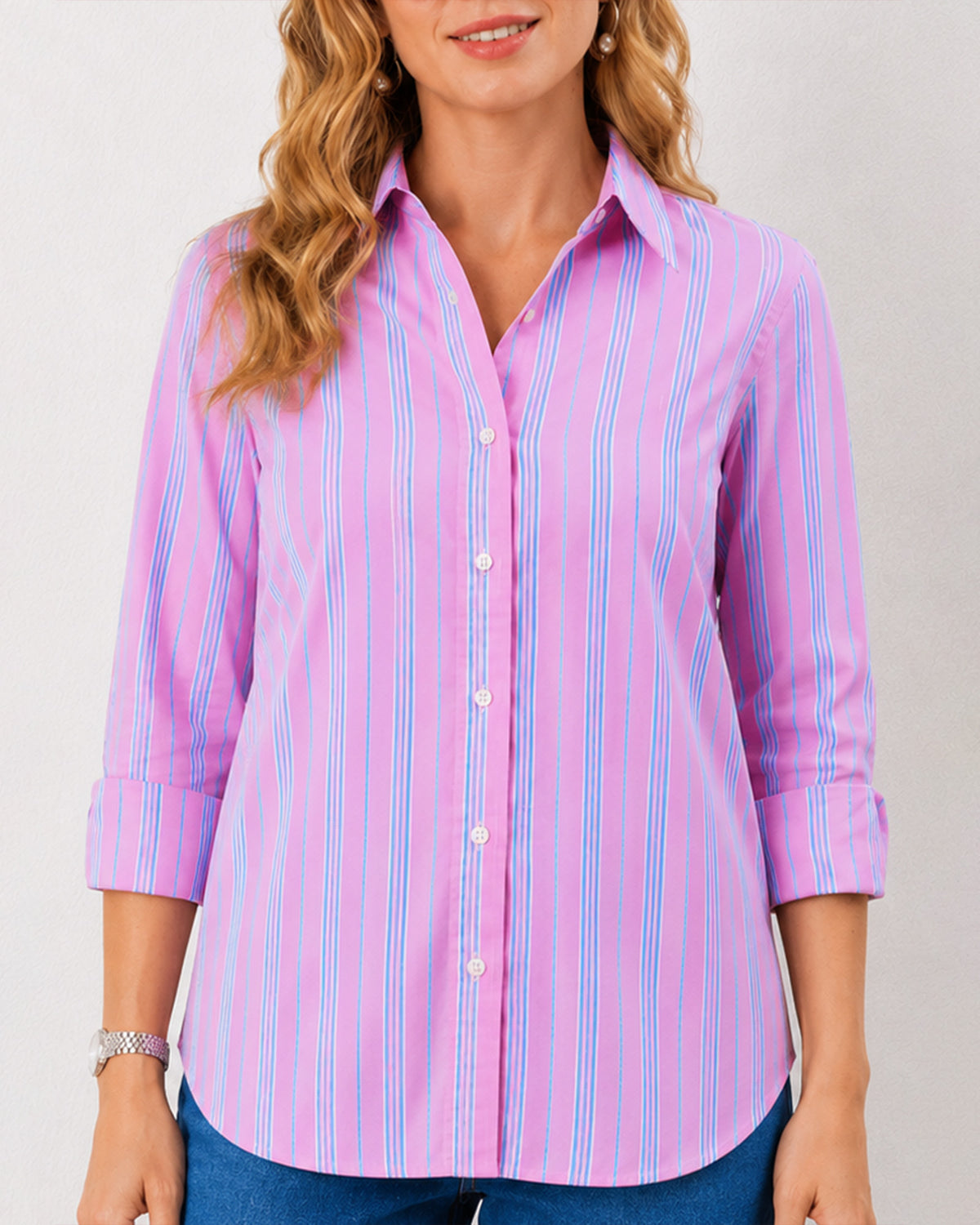 Close-up of Elisha pink stripes shirt button placket and dignity buttons