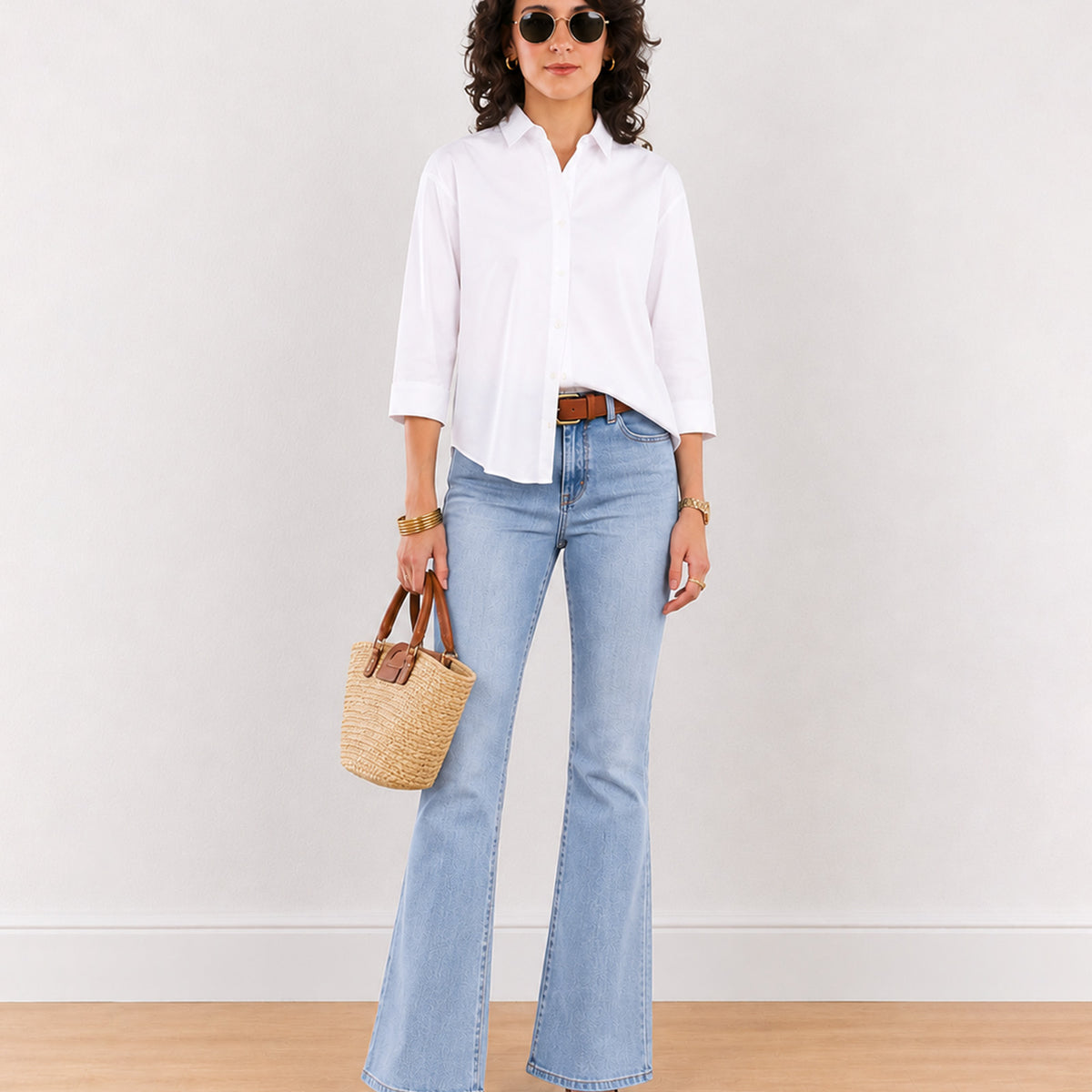 Gazillion Elizabeth white pleated back cotton shirt for women, full-length front view with all-over back pleats