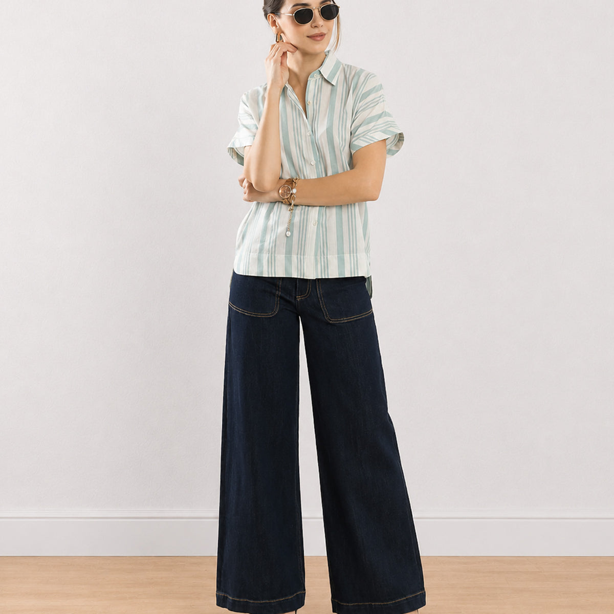 Gazillion Elle sage green stripes cotton office shirt for women, full-length front view