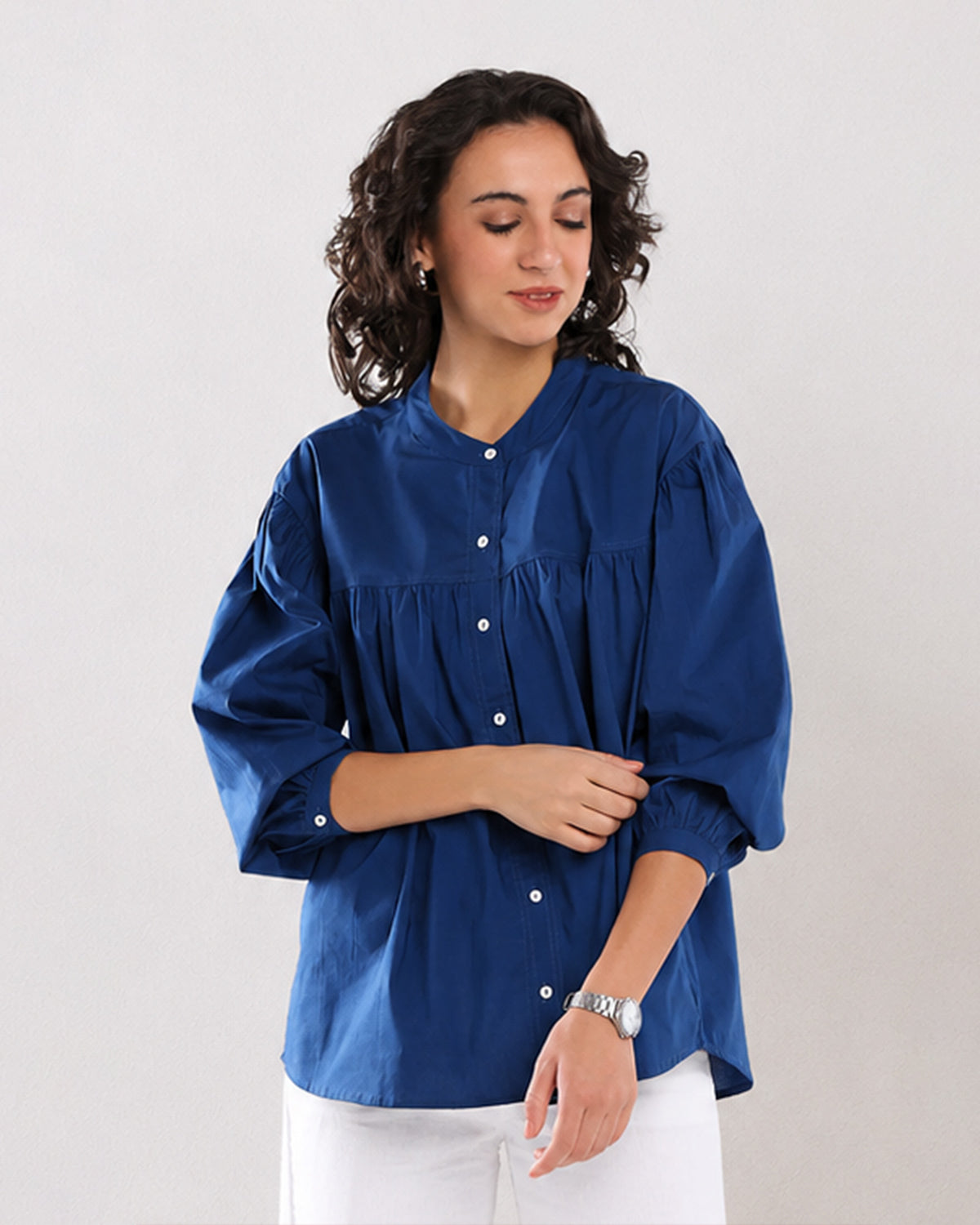 Ellie dark blue cotton shirt with 3/4 puff sleeves, front view