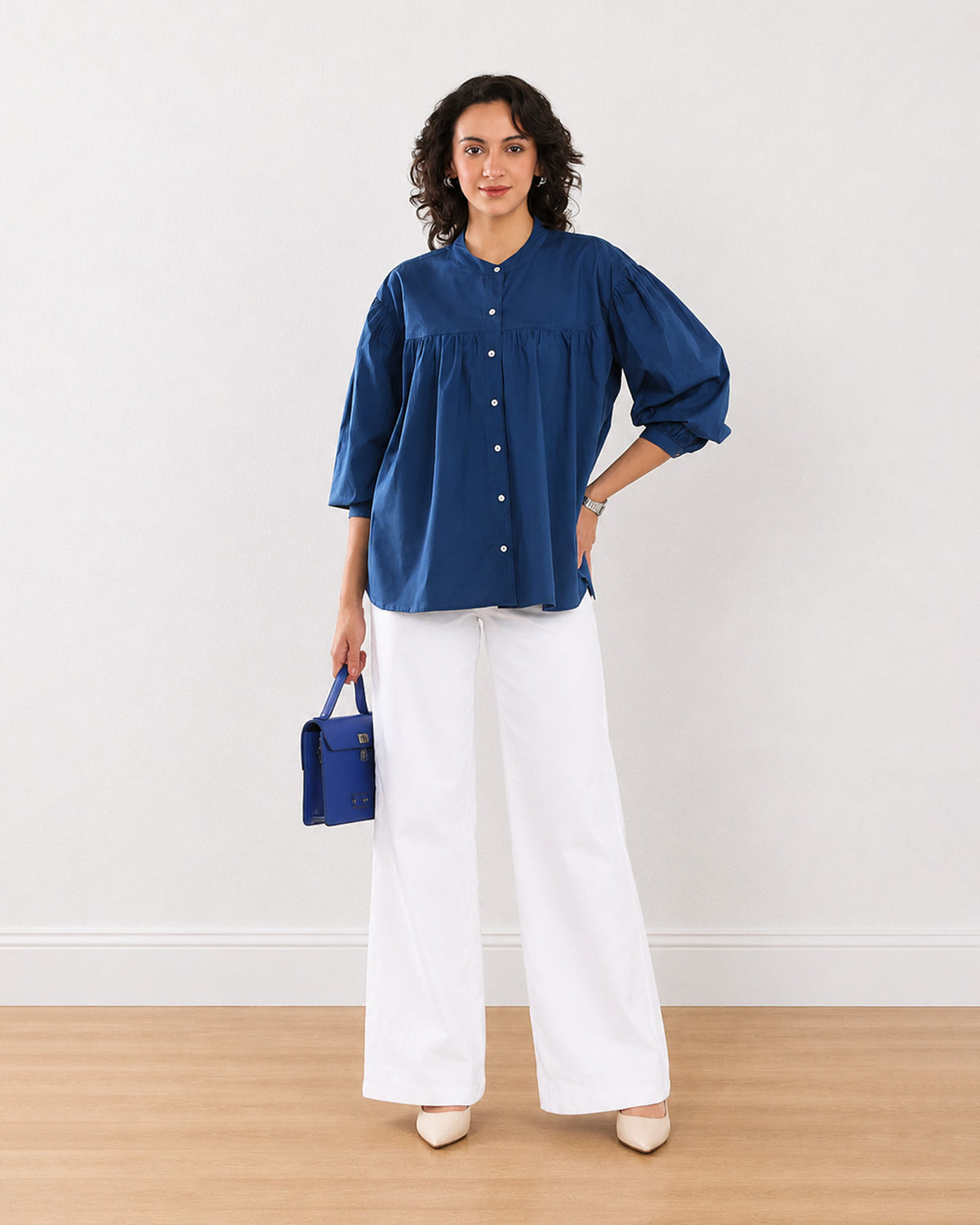 Gazillion Ellie dark blue stylish cotton shirt for women, full-length front view