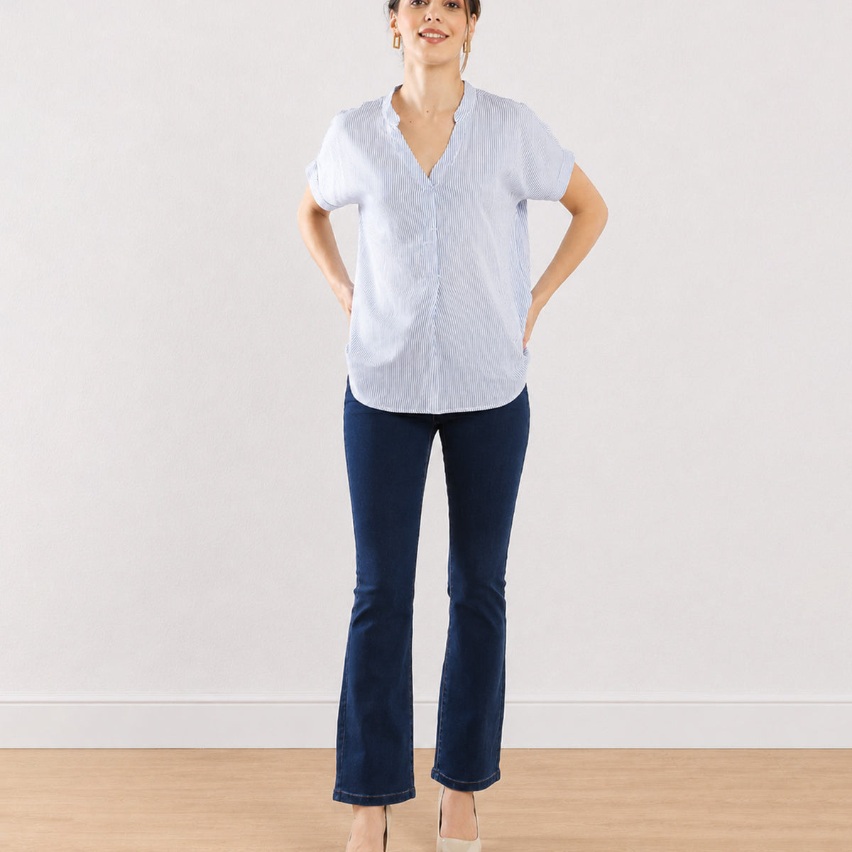 Gazillion Ellora blue and white stripes formal top for women, full-length front view