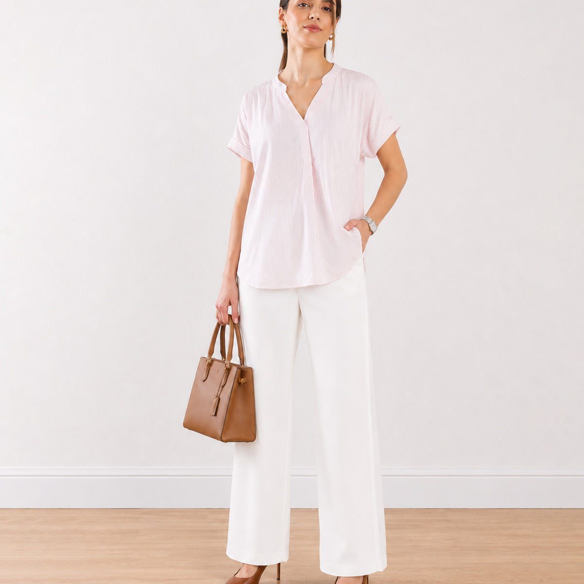 Gazillion Ellora pink and white stripes formal top for women, full-length front view