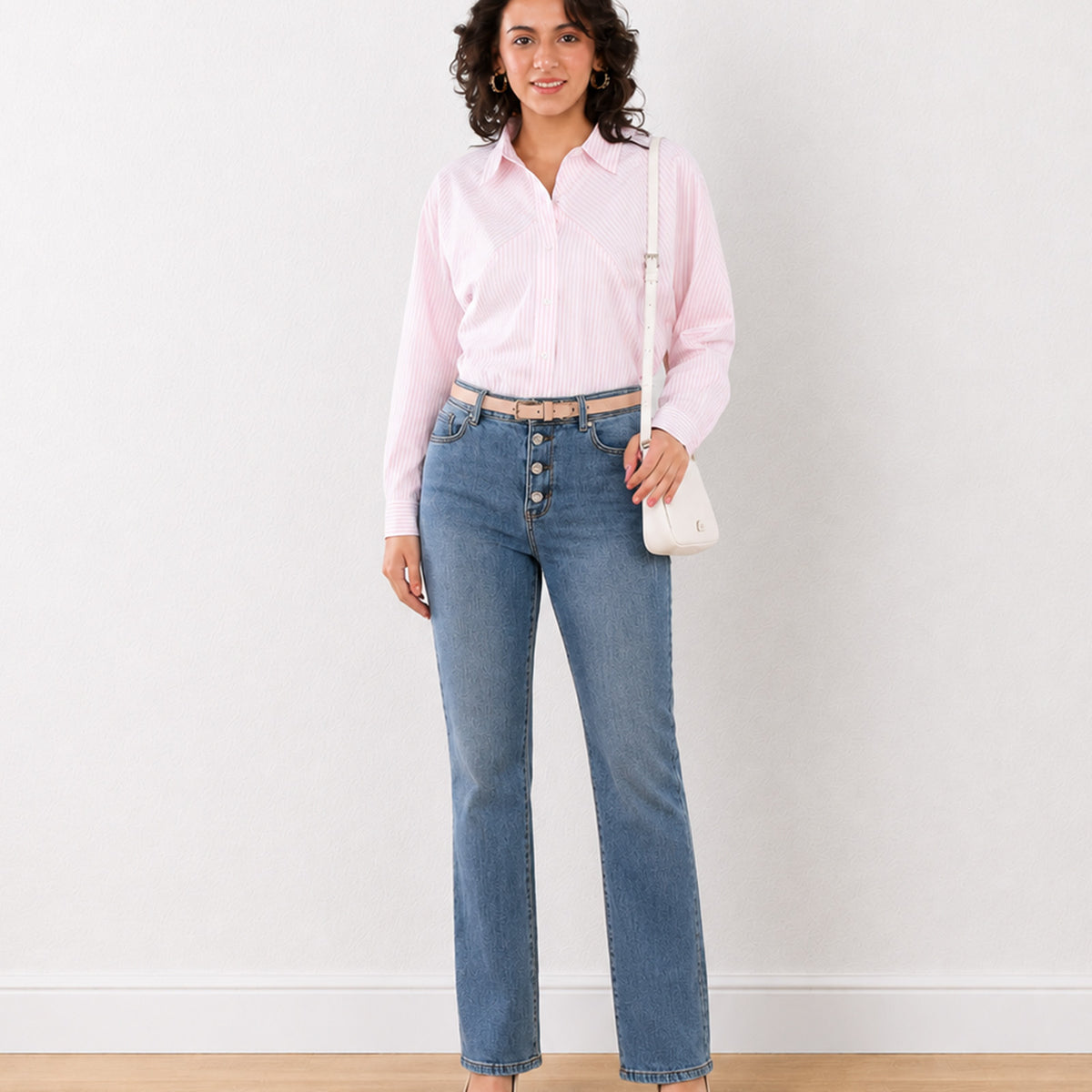 Gazillion Ellory pink stripes cotton formal shirt for women, full-length front view