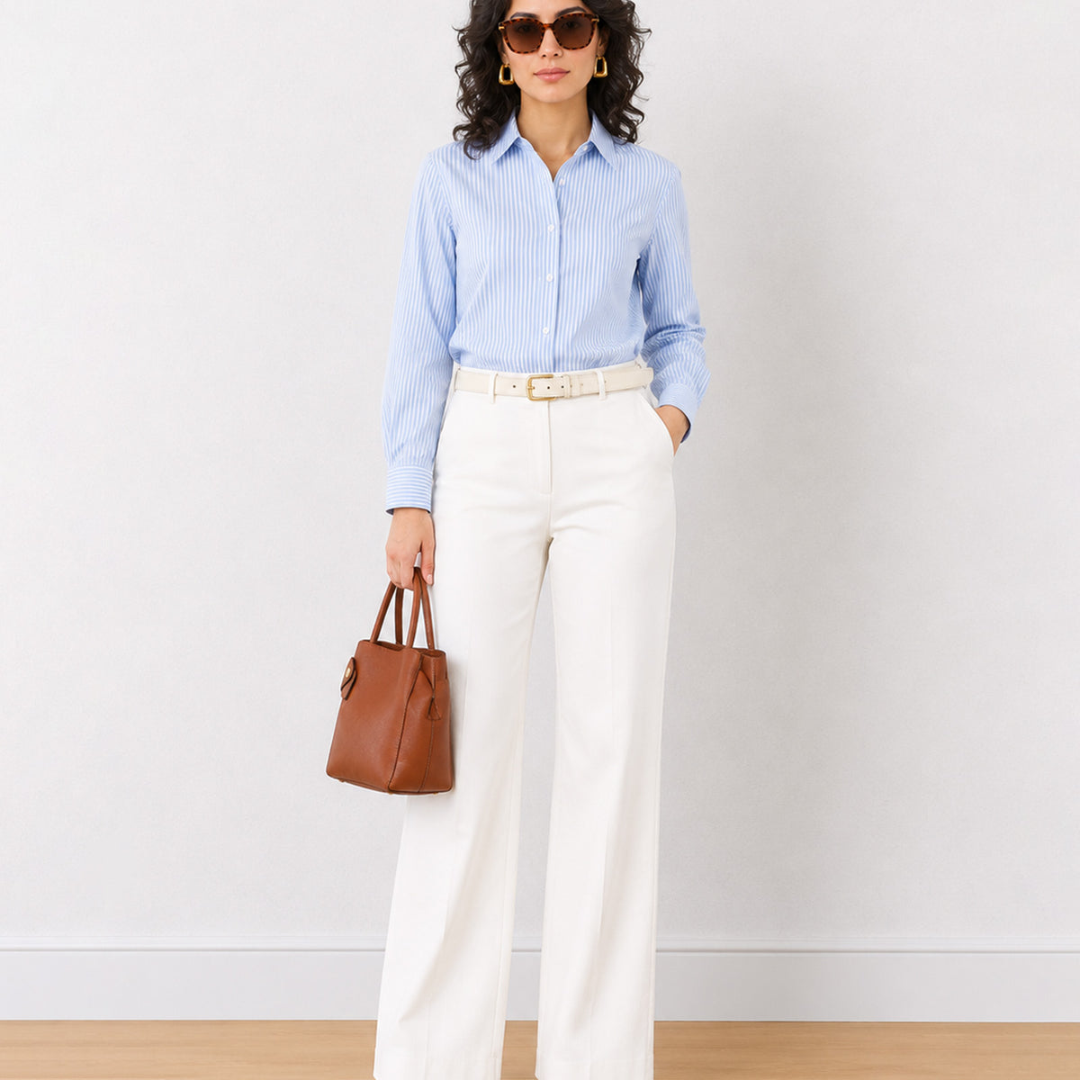Gazillion Emma mixed blue and white stripes cotton formal shirt for women, full-length front view