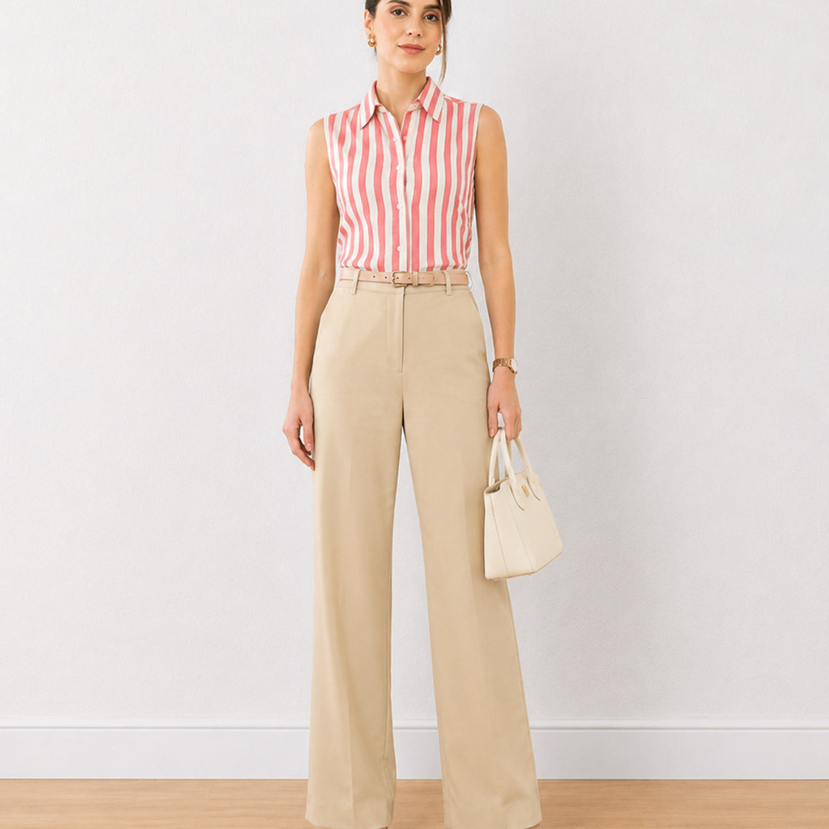 Gazillion Emmy pink stripes soft formal sleeveless shirt for women, full-length front view