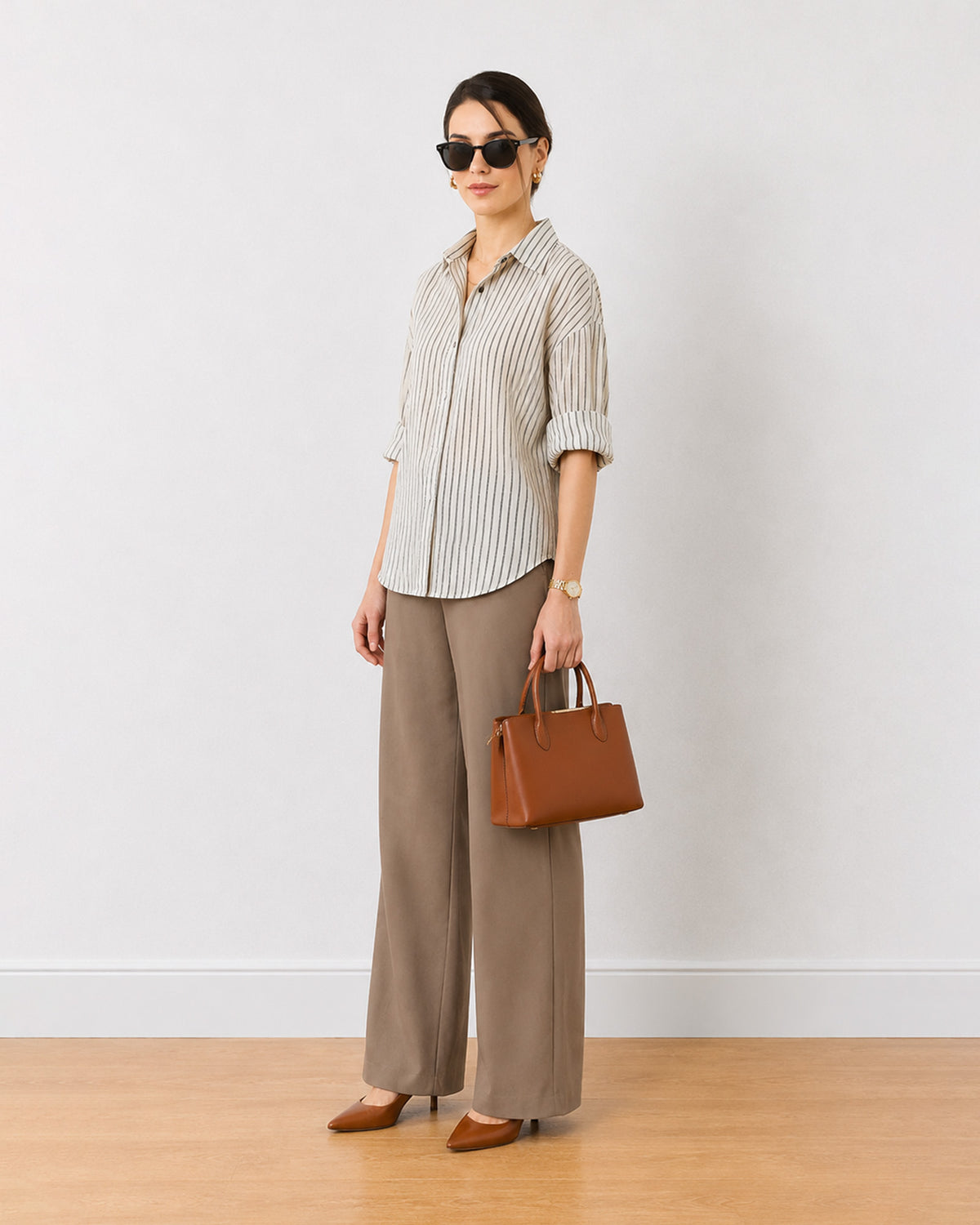 Empathy black and ivory stripes cotton oversized shirt, angled front view