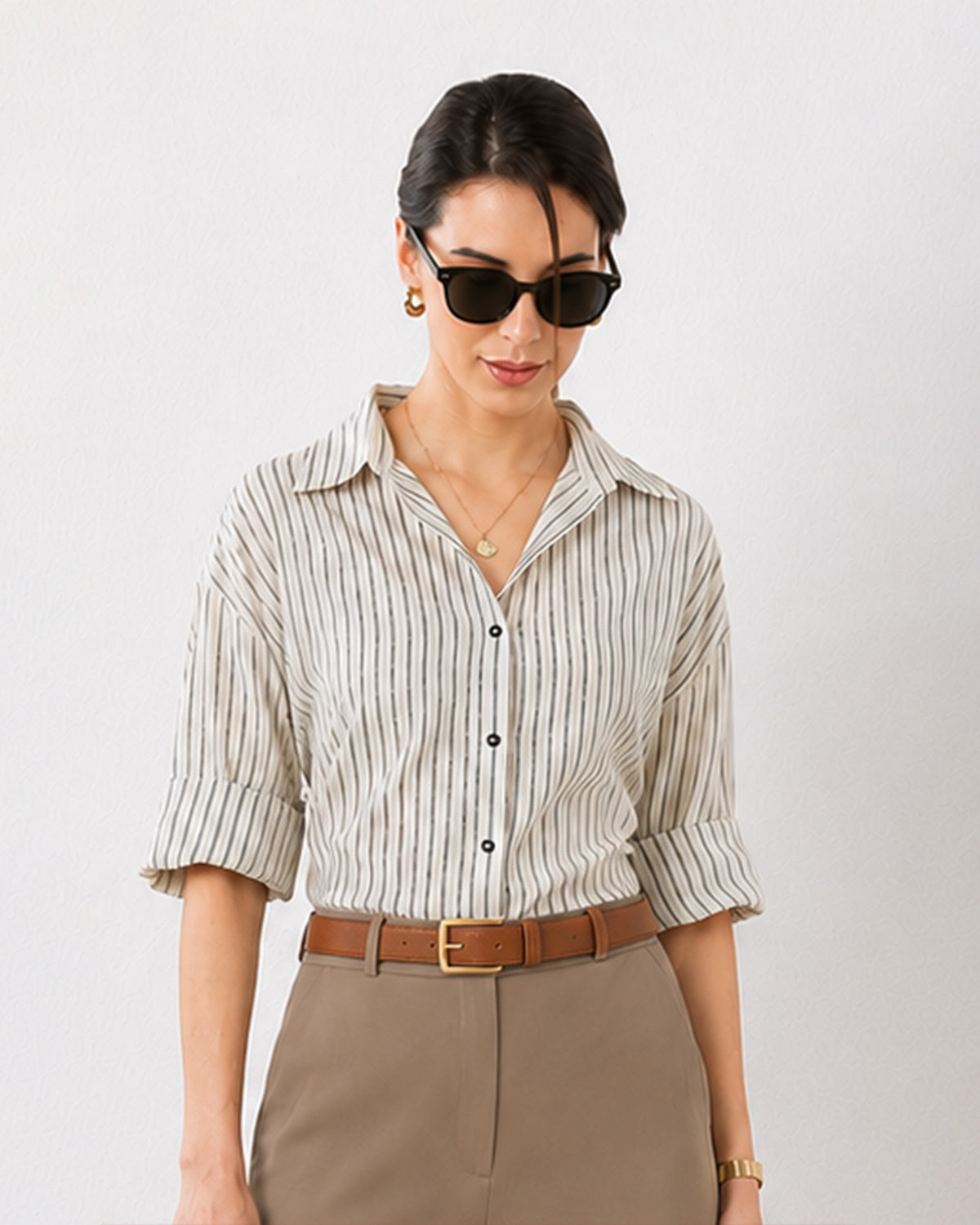 Empathy black and ivory cotton shirt with rolled up sleeves and a classic collar, front view