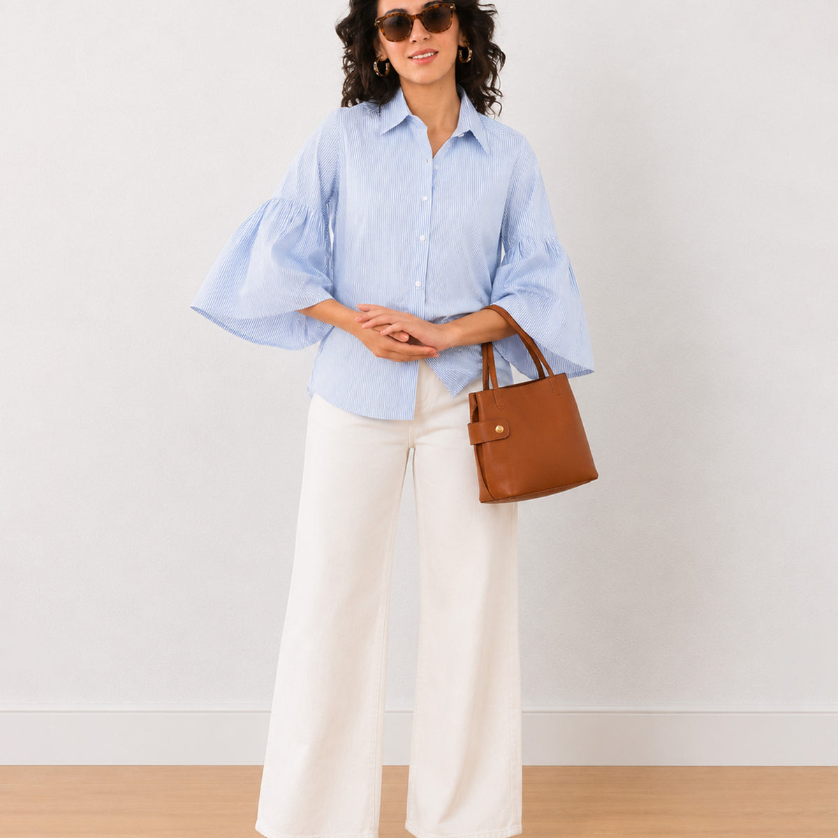Gazillion Erica blue and white stripes stylish formal shirt for women, full-length front view