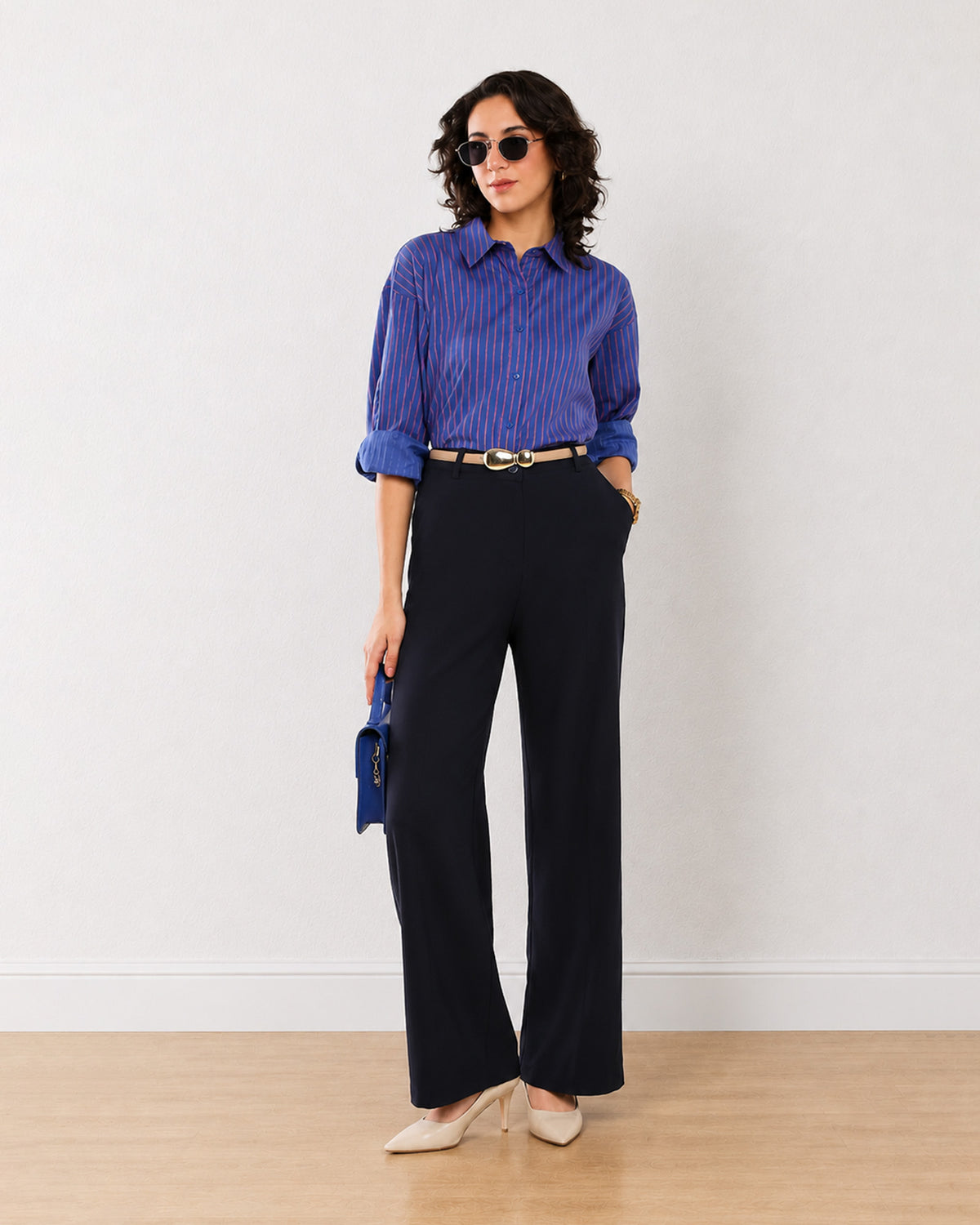 Etsy cobalt blue and pink stripes cotton shirt with a button placket, front view