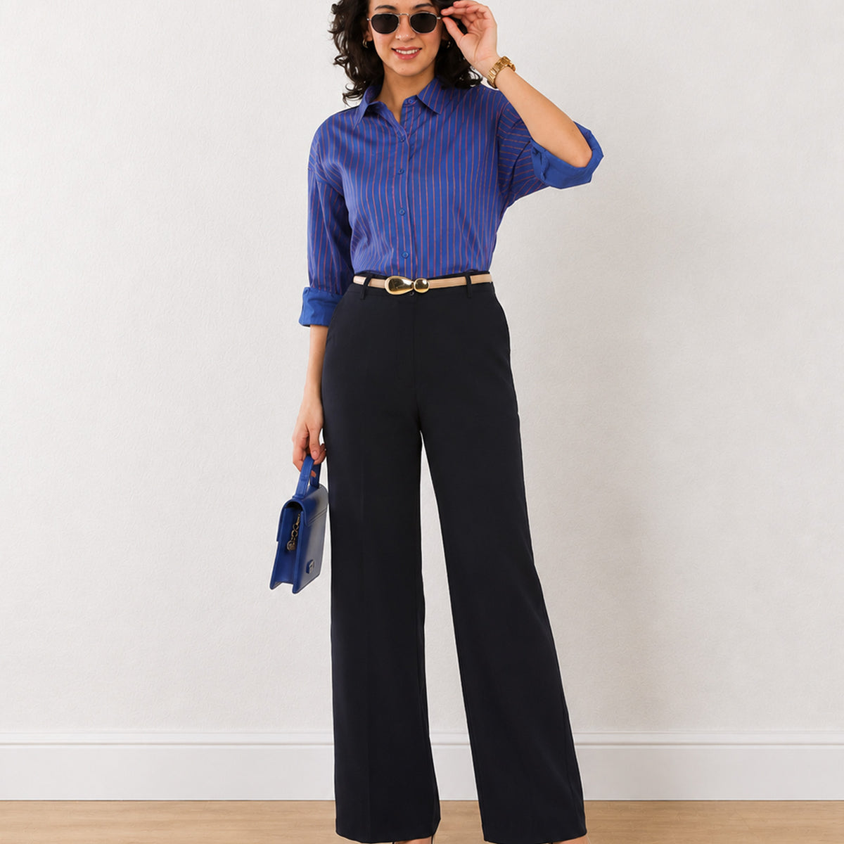 Gazillion Etsy blue and pink stripes cotton formal shirt for women, full-length front view
